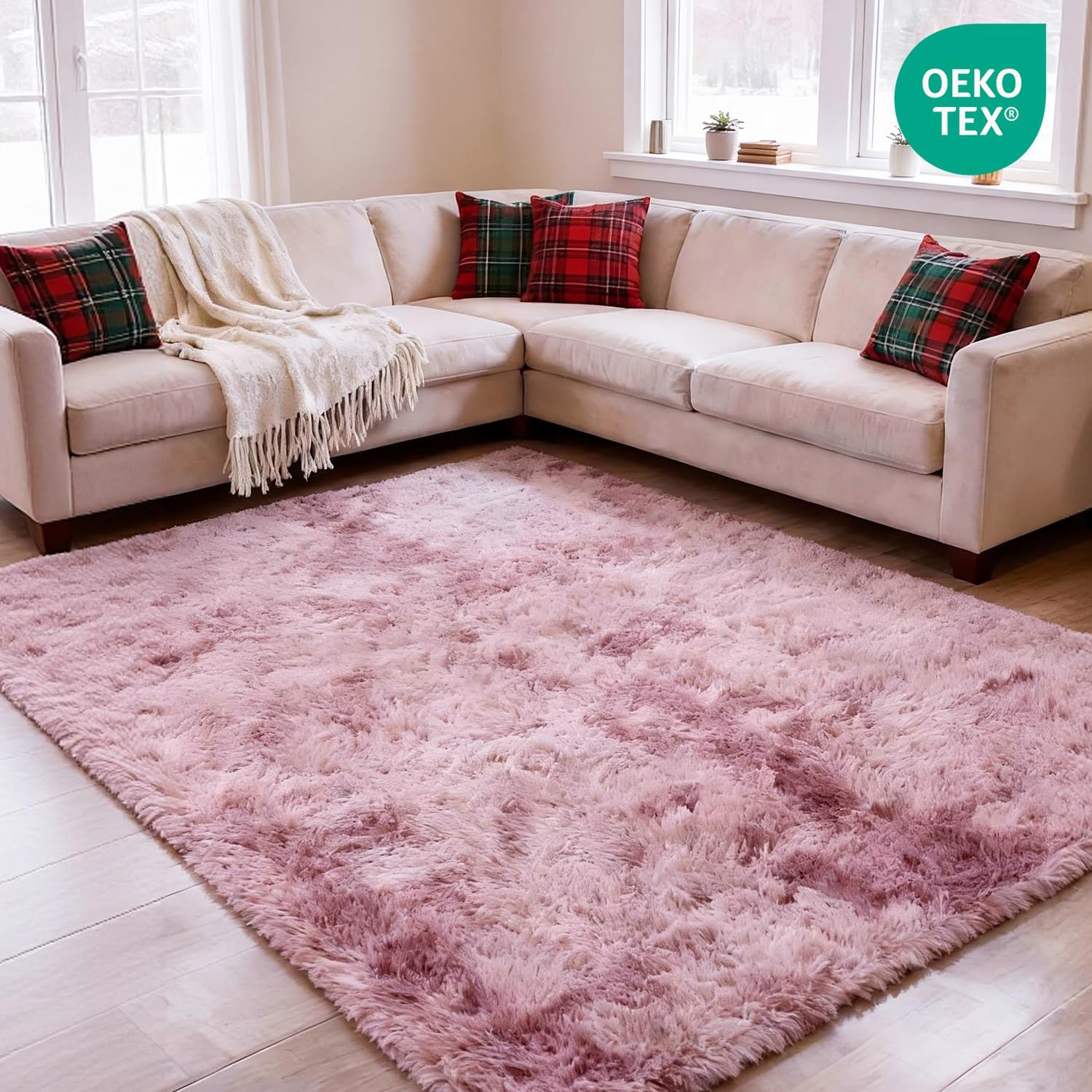 Detalle de MARATIP Teppich Wohnzimmer Batik Purpur-Rosa 120x160 cm – Hochflor, waschbar, rutschfest