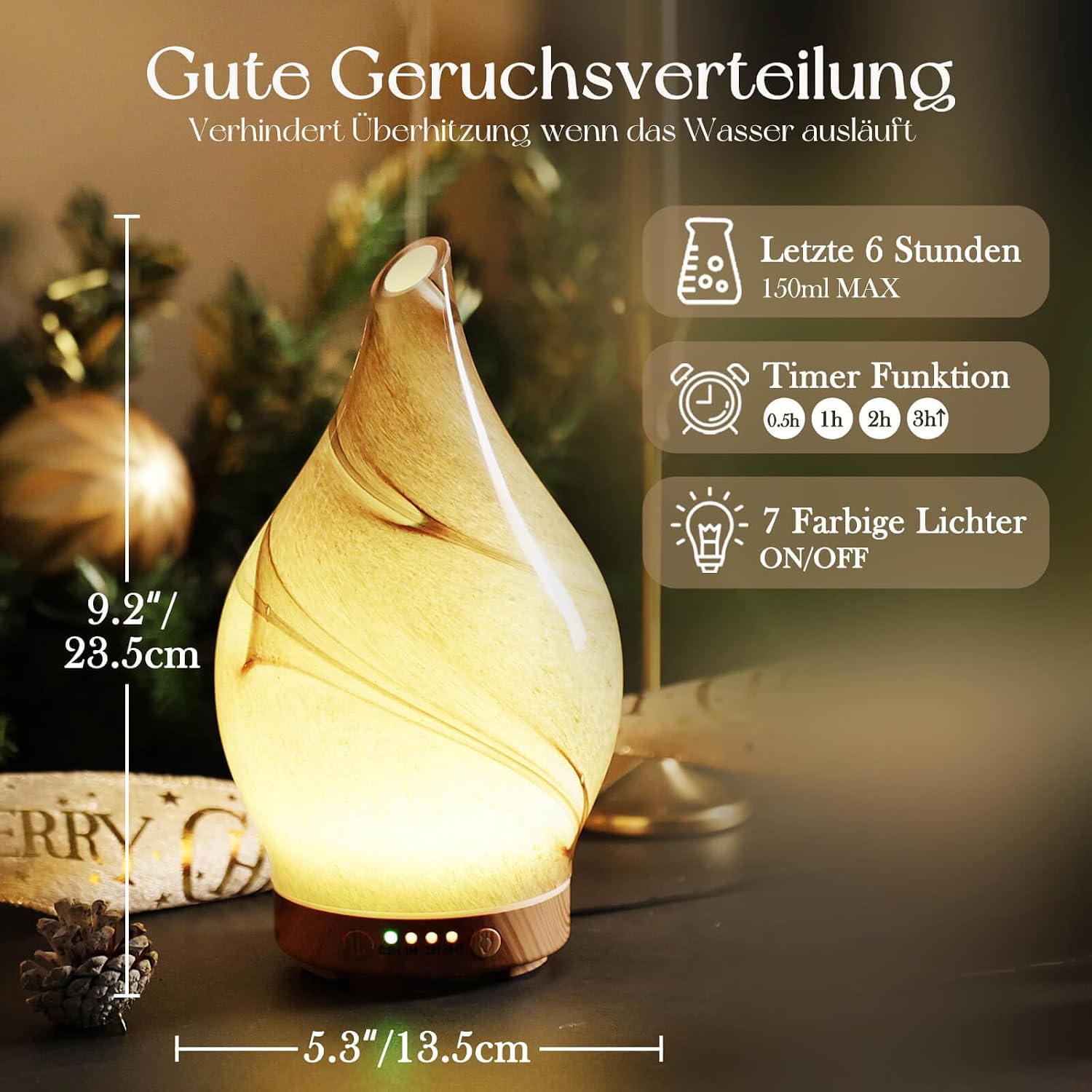 Detalle 2 de Porseme Aroma Diffuser 150 ml aus handgeblasenem Glas mit Ultraschall, 7 Farb-LED & Timer (BPA-frei, Desert)