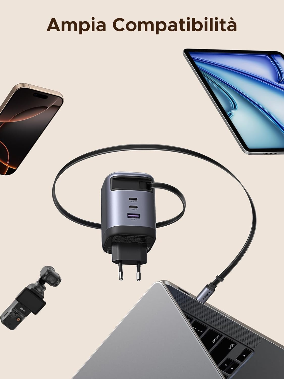 Detalle 2 de UGREEN Nexode Caricatore USB-C 100W GaN con cavo retrattile e 4 porte