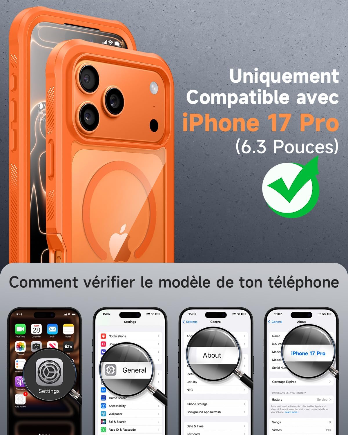 Thumbnail 6 de Coque Magnétique Seacosmo pour iPhone 17 Pro – MagSafe, Protection 360° (Orange)