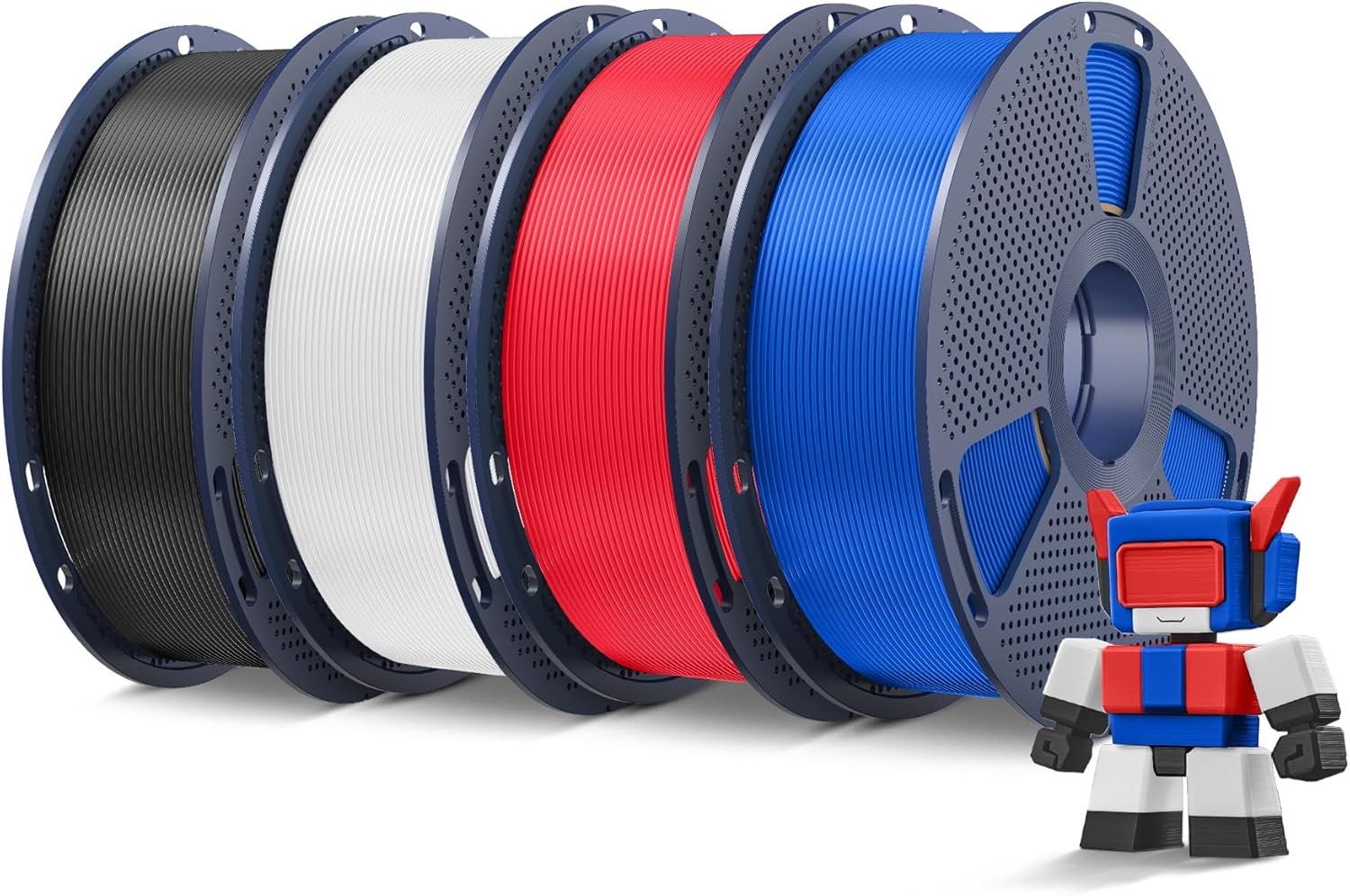 SUNLU 4KG Hochgeschwindigkeits-PLA Filament 1,75 mm – 4 Spulen in Schwarz, Weiß, Rot und Blau