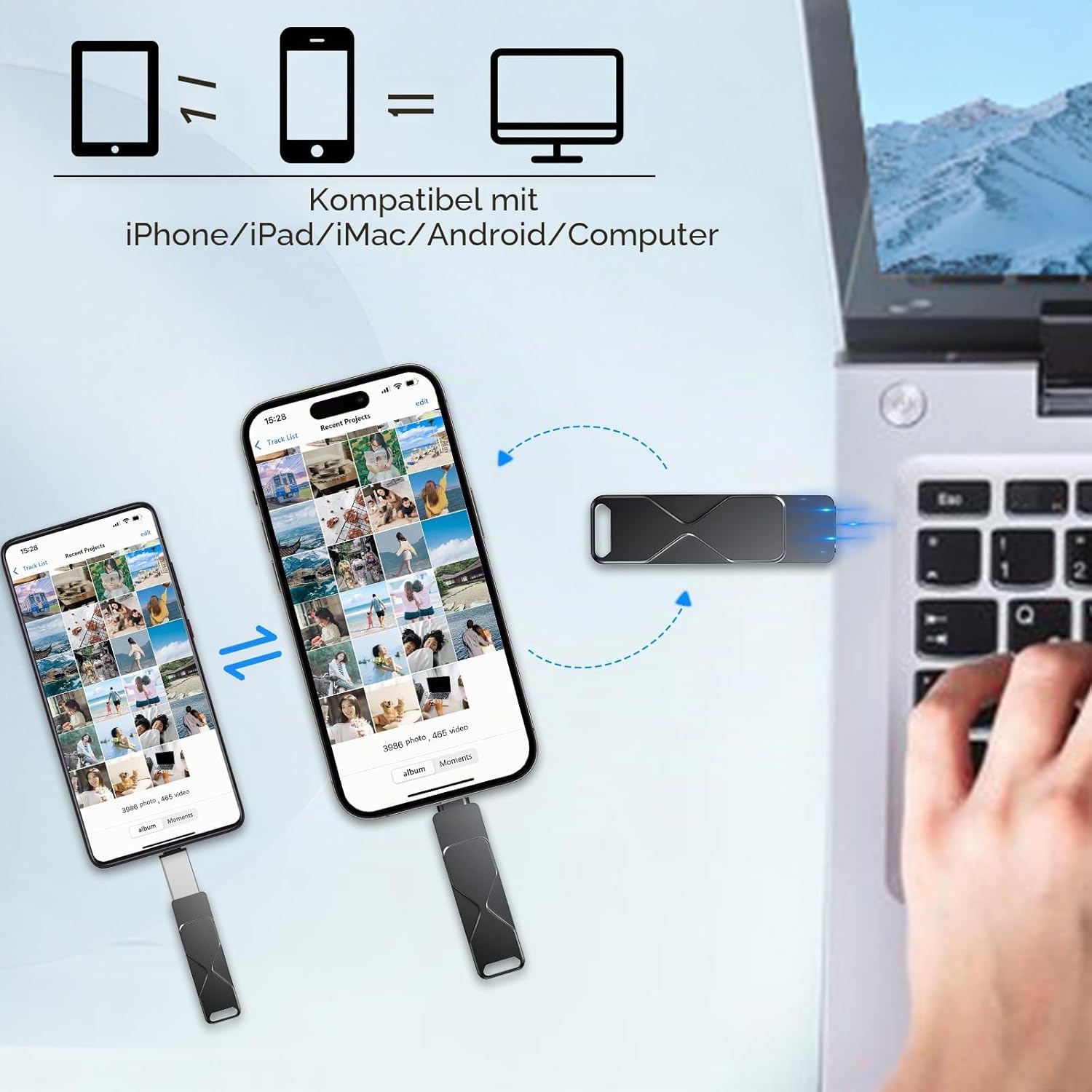 Detalle de USB-Stick für iPhone 512GB: MFi-zertifiziert, Lightning 3-in-1 externes Speichern