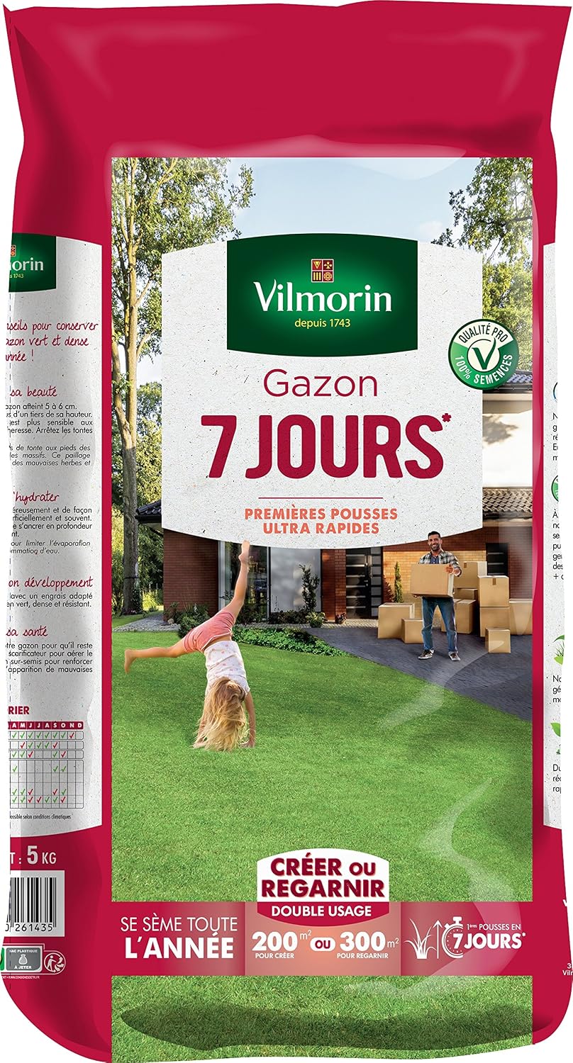 Detalle de Vilmorin 4460714 Gazon 7 Jours, Vert, 1 kg — pour créer ou regarnir votre gazon
