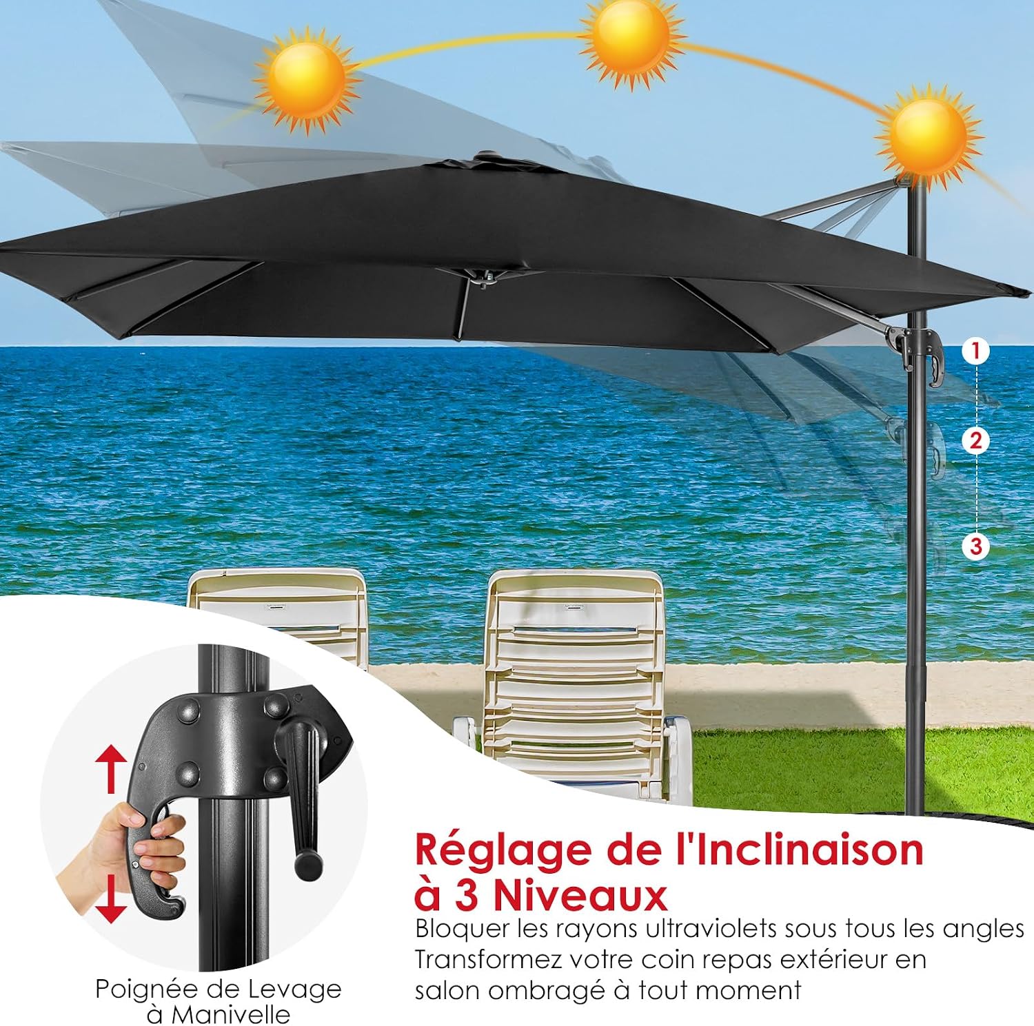 Thumbnail 3 de COSTWAY Parasol de Jardin Extérieur Déporté 3x3m – Inclinable, Rotation 360° et Toit Double Ventilation