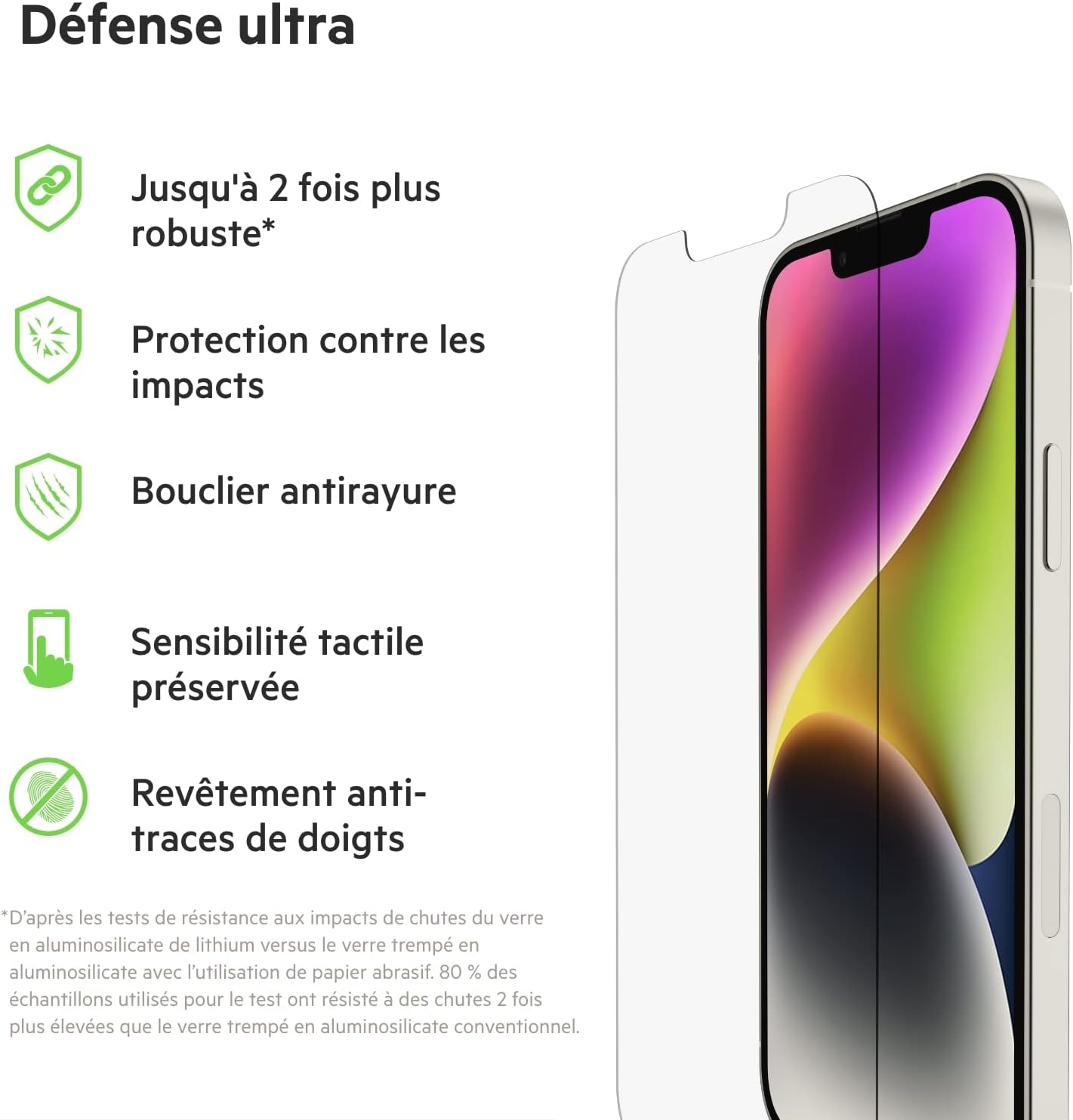 Detalle de Belkin Protection d’écran antimicrobienne UltraGlass pour iPhone 14, 13 et 13 Pro (OVA078zz)