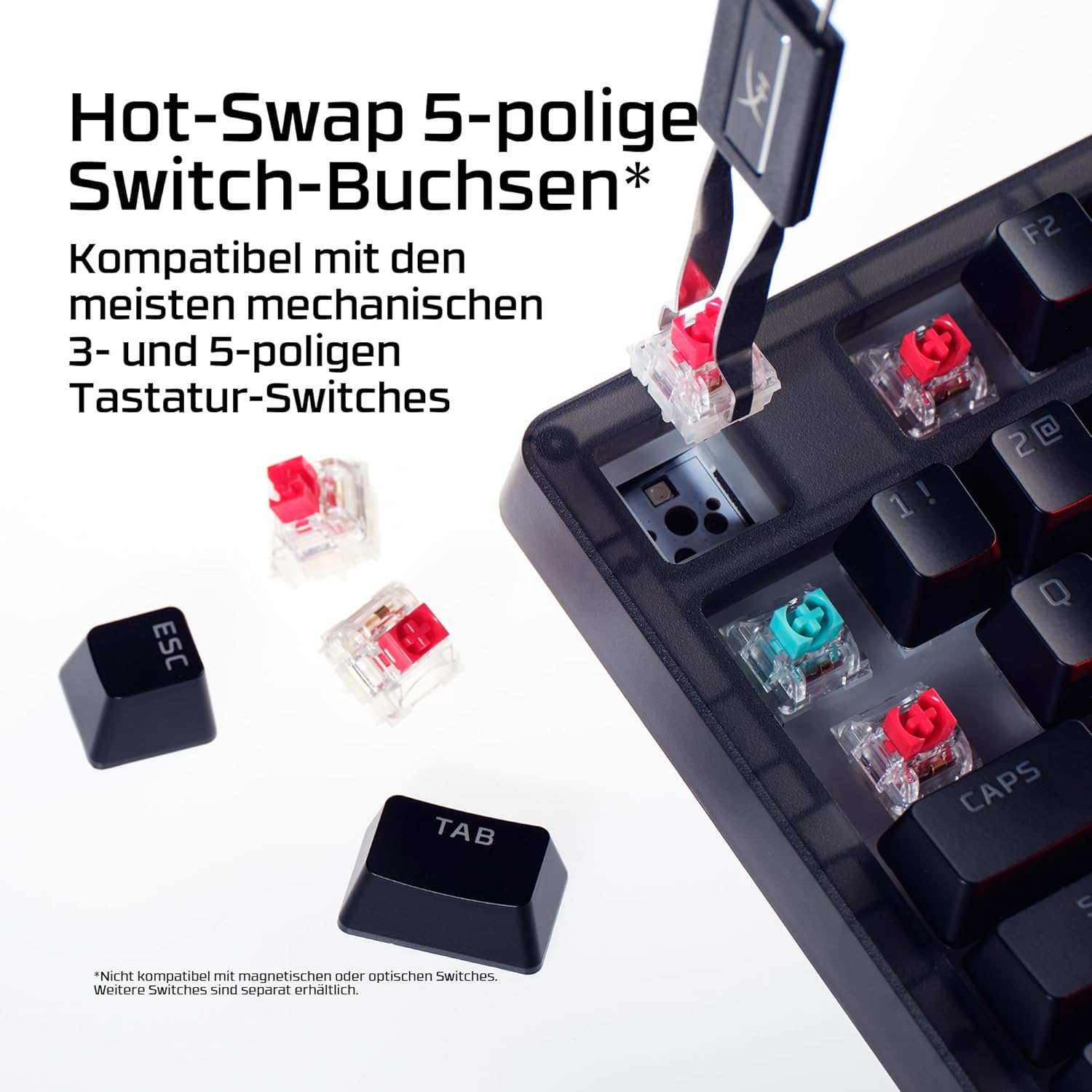 Detalle de HyperX Origins 2 1800 Gaming-Tastatur – mechanische, hot-swapbare Schalter, QWERTZ deutsch, 8K Polling, austauschbares Gehäuse