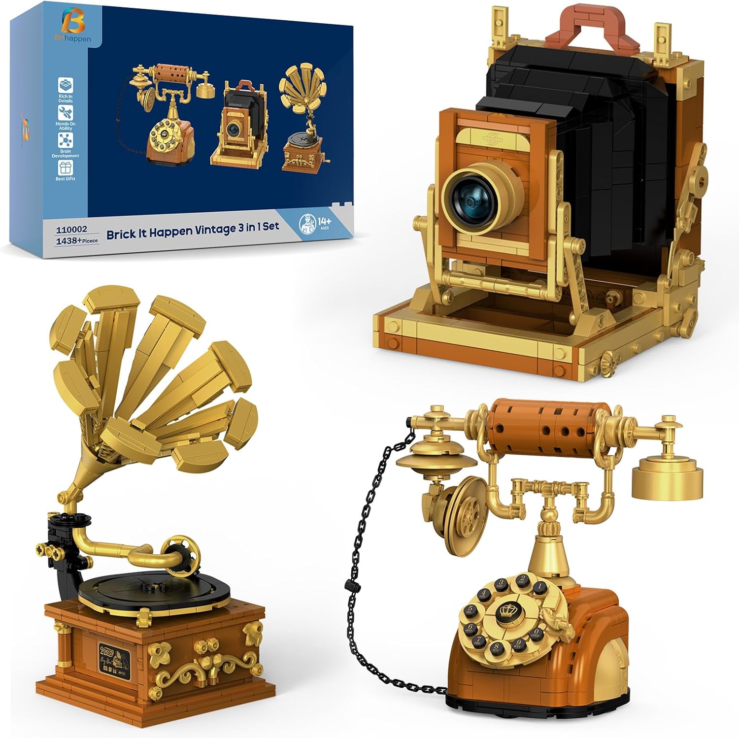 Detalle de Brihappen 3 in 1 Retro Camera, Telephone & Record Player Building Blocks