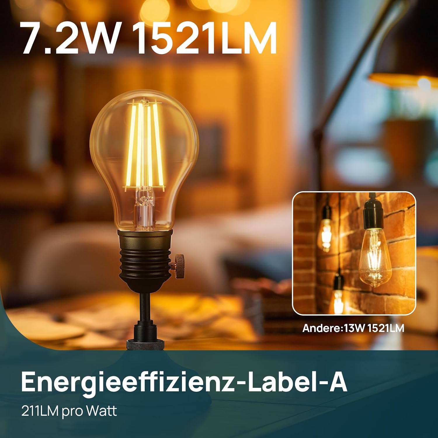 Thumbnail 3 de Linkind Ultraeffiziente E27 Vintage Lampe 7,2W = 100W, 2700K Warmweiß, Klar/3er Pack