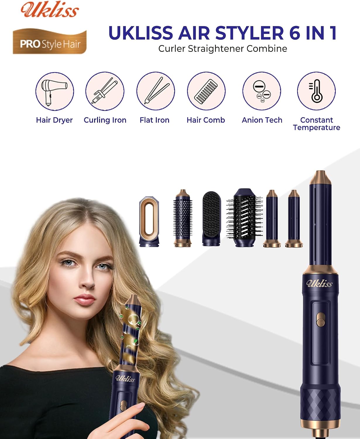 Detalle de UKLISS 6 en 1 Hairstyler : brosse chauffante brushing & boucleur à air chaud 1000 W (Blu)