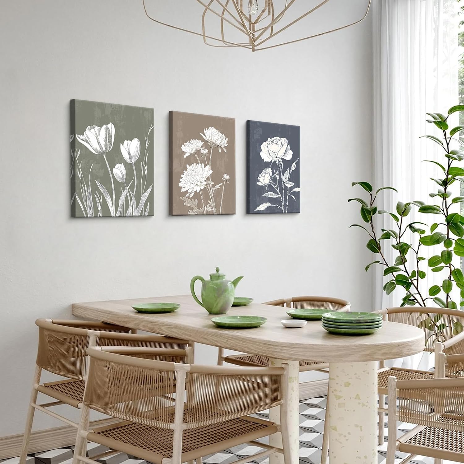 Thumbnail 4 de 3-teilige Boho-Wandbild-Set (Weiß, botanisch, blau/grün/lila) auf Leinwand mit Massivholzrahmen, 30x40 cm je Bild