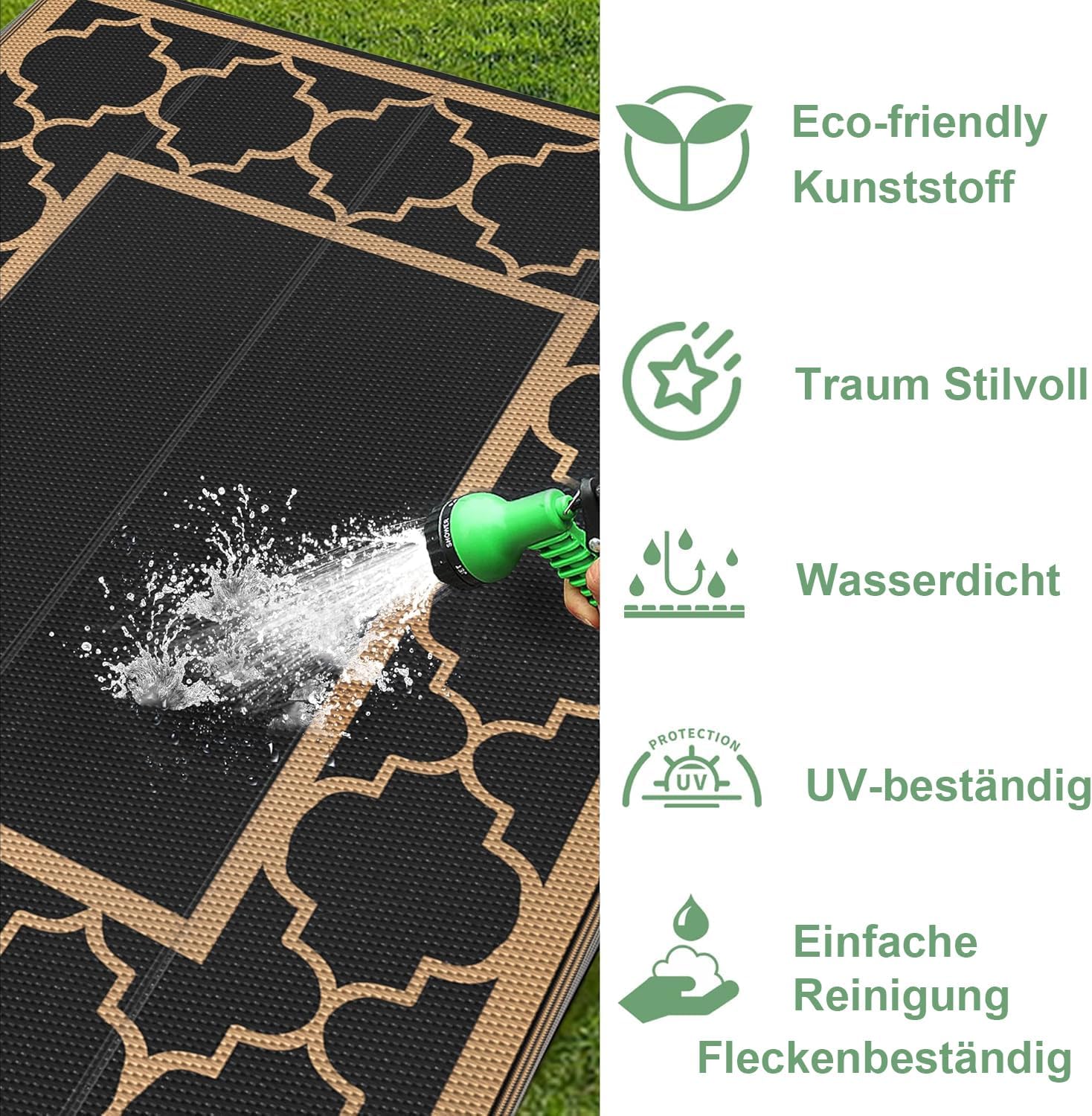 Detalle de GENIMO Tapis Extérieur Resistant Pluie 275x365 cm – Noir & Brun, réversible et antidérapant