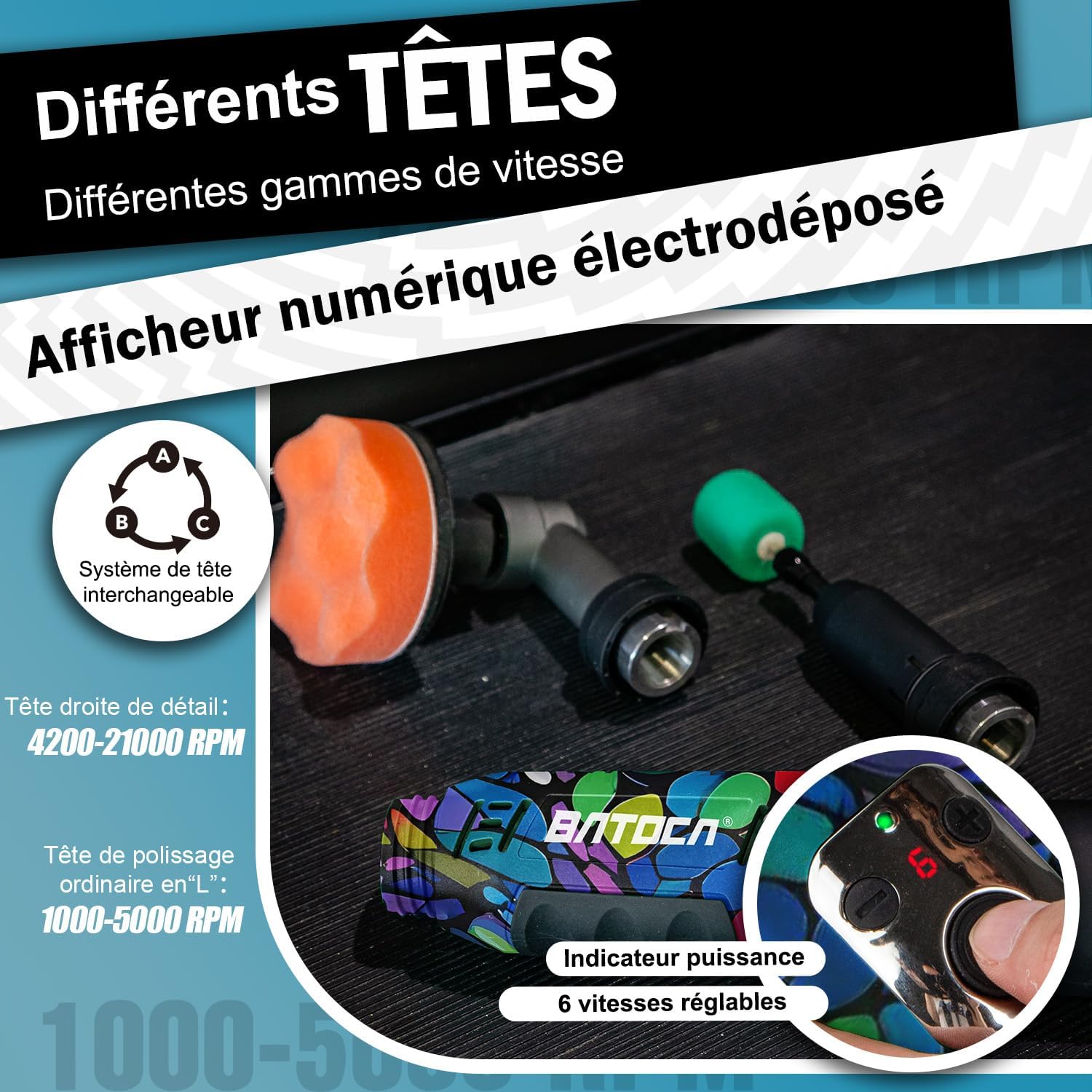 Detalle de BATOCA S6 mini-polijstmachine 12 V met roterende en excentrische werking