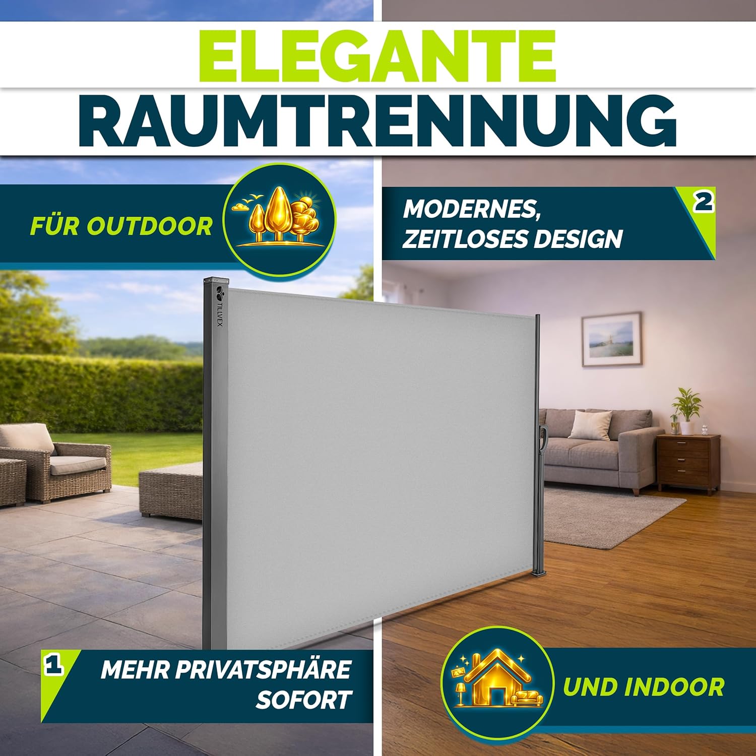 Thumbnail 5 de tillvex® Seitenmarkise 160 x 350 cm ausziehbar mit Regencover – blickdichtes Seitenrollo für Balkon & Terrasse