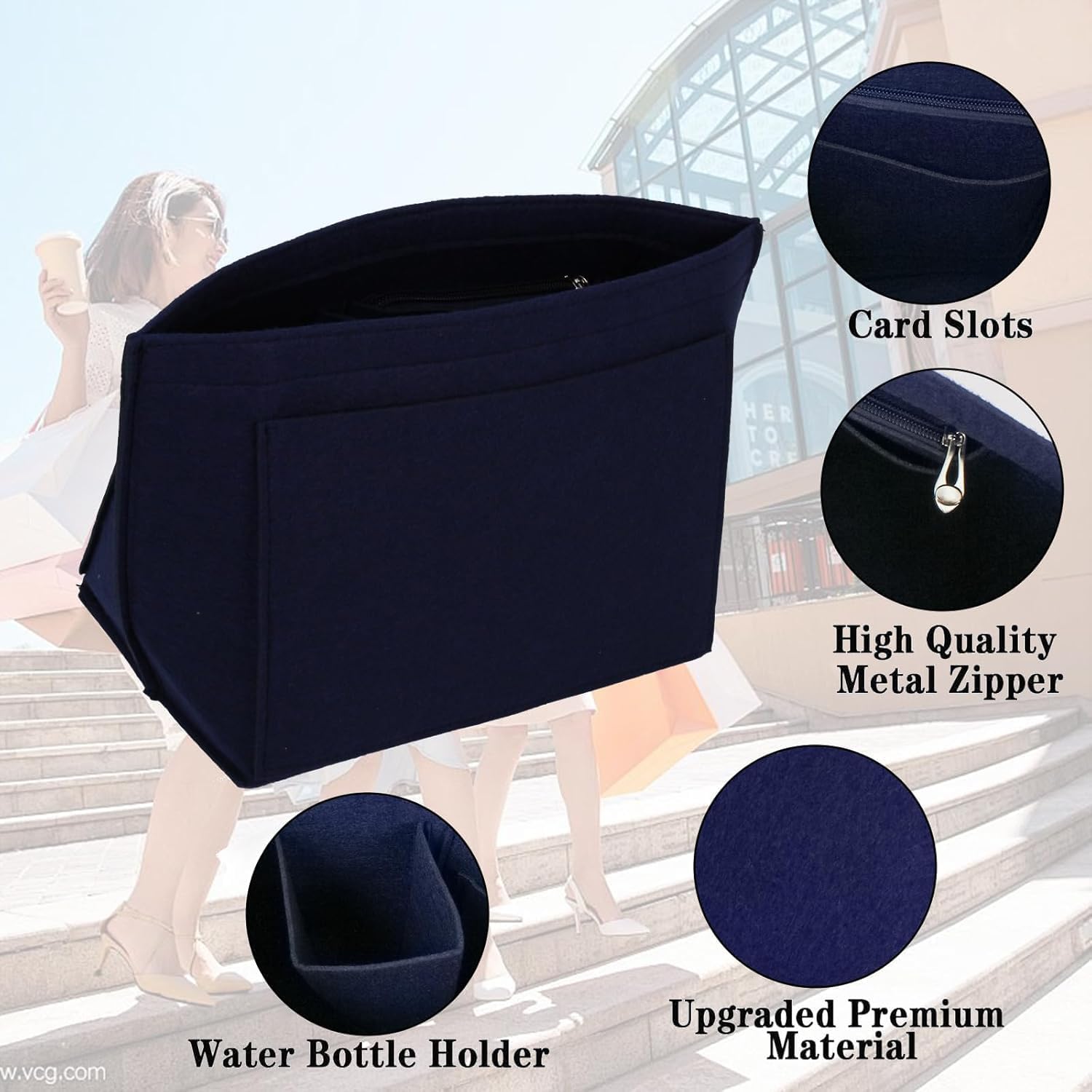 Detalle 2 de HYEPNED Bag Wallet Insert Organizer for Longchamp Tote (Blue, M) – Multi-Pocket Felt Insert