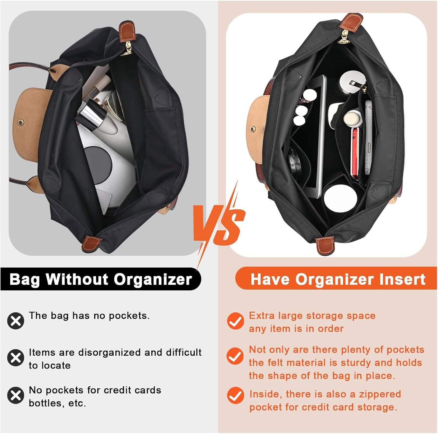 Detalle de Sunshine smile Organizer für Longchamp Tasche – Filz-Innenorganizer mit Mehrfachtaschen