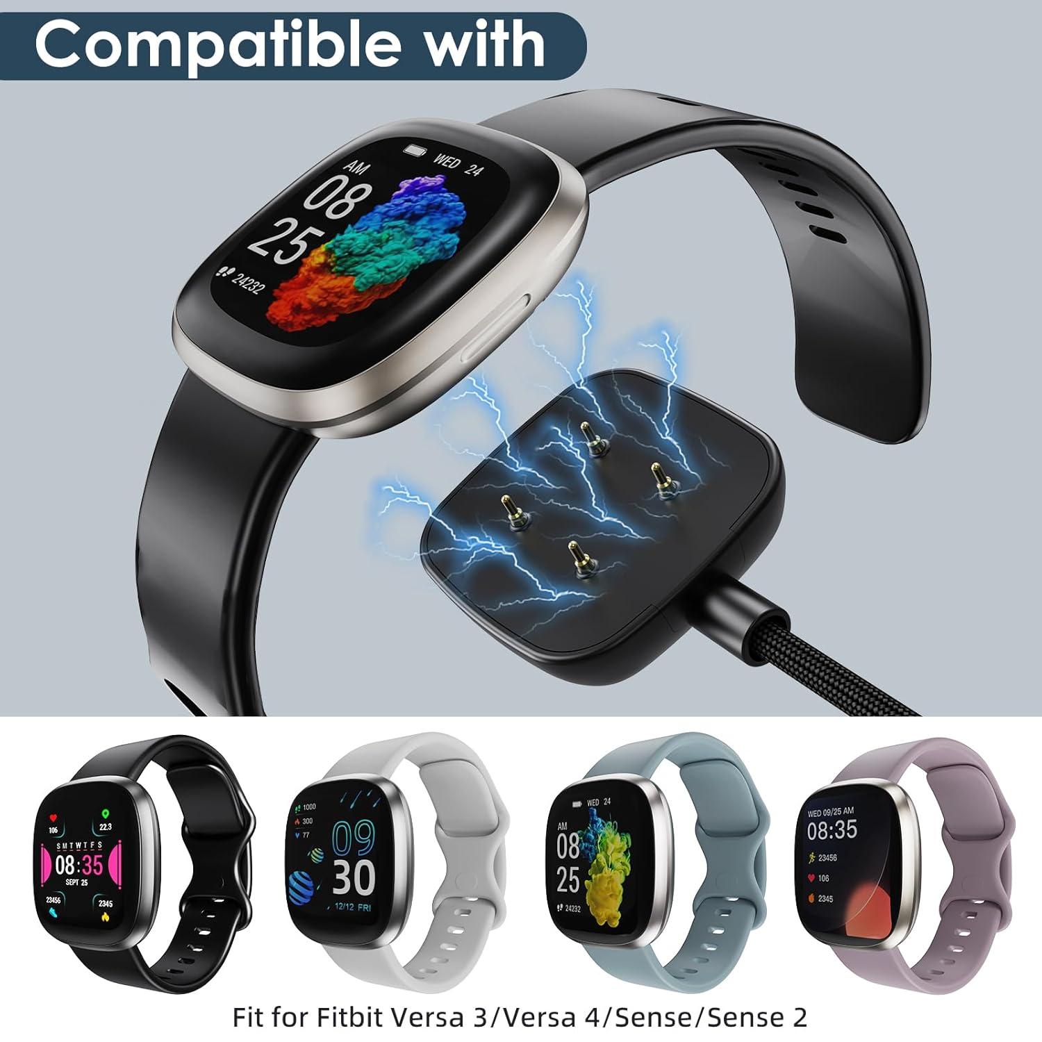 Thumbnail 1 de Autallgee 2 Pack USB A/C Charger for Fitbit Versa 4 / Sense / Versa 3 / Sense 2 and Pixel Watch – 100cm Magnetic Dock
