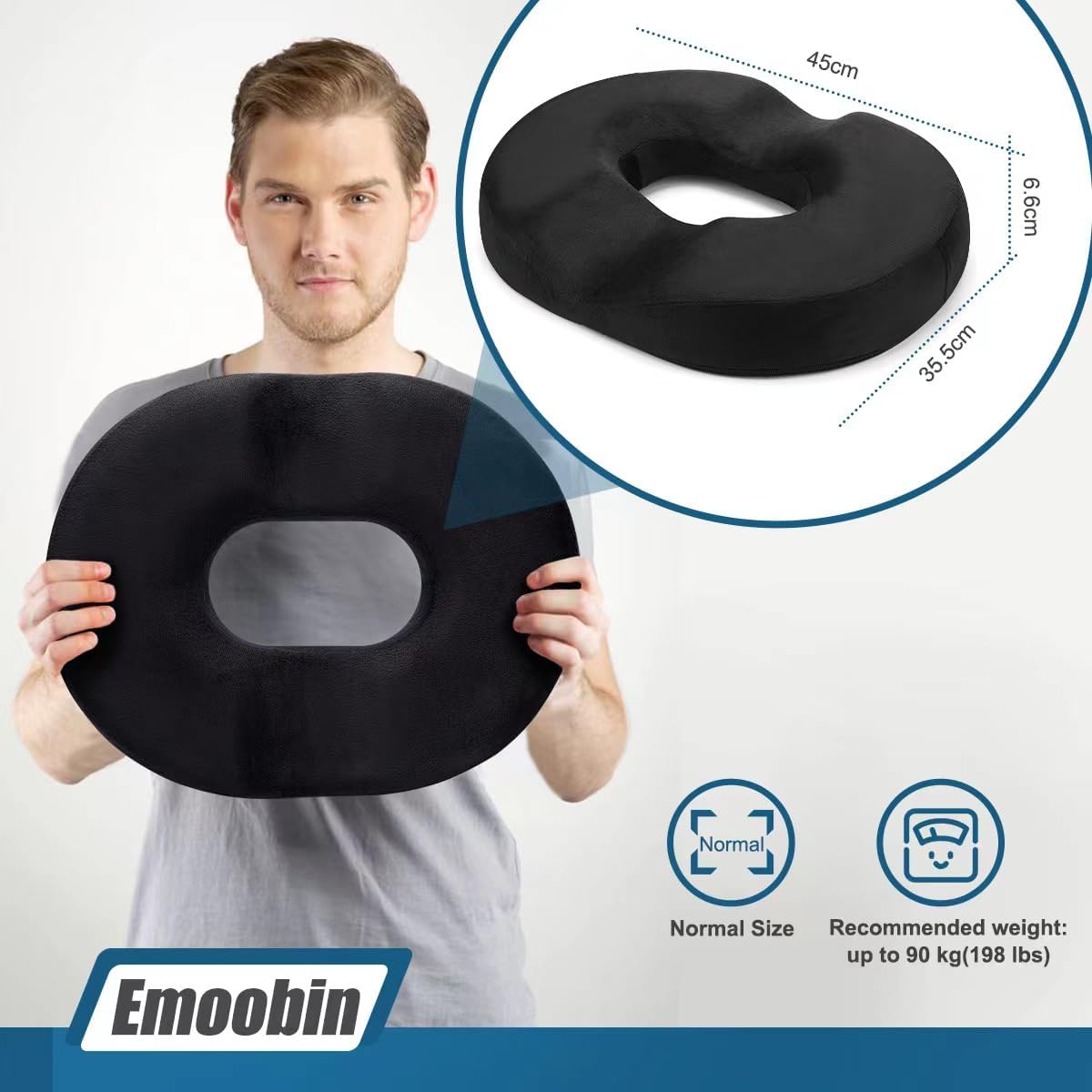 Thumbnail 2 de Emoobin Donut Sitzkissen (45 cm) mit Memory-Schaum – Ringkissen für Bürostuhl & Zuhause, Schwarz