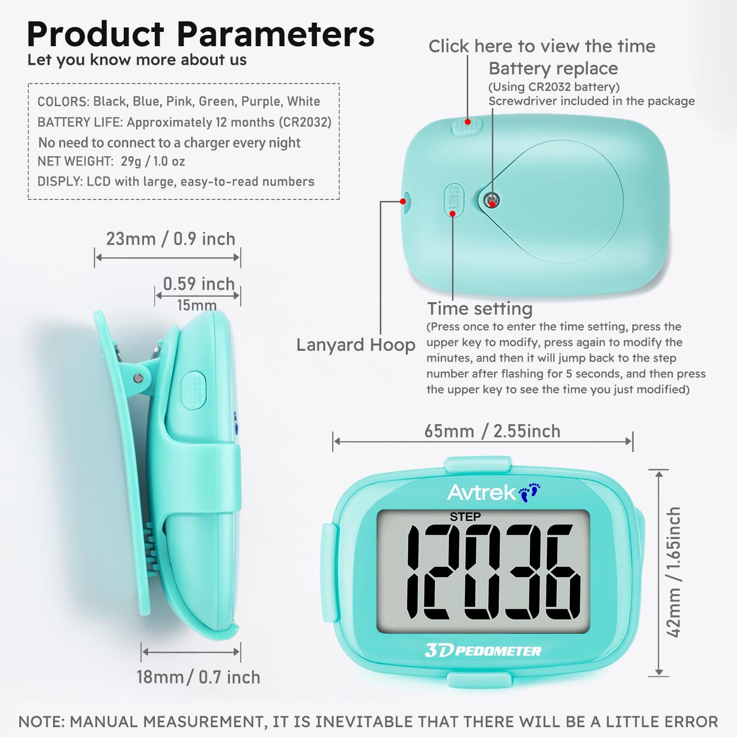 Detalle 2 de AVTrek Step Counter with Clip and Lanyard – 3D pedometer with time display and LED backlight