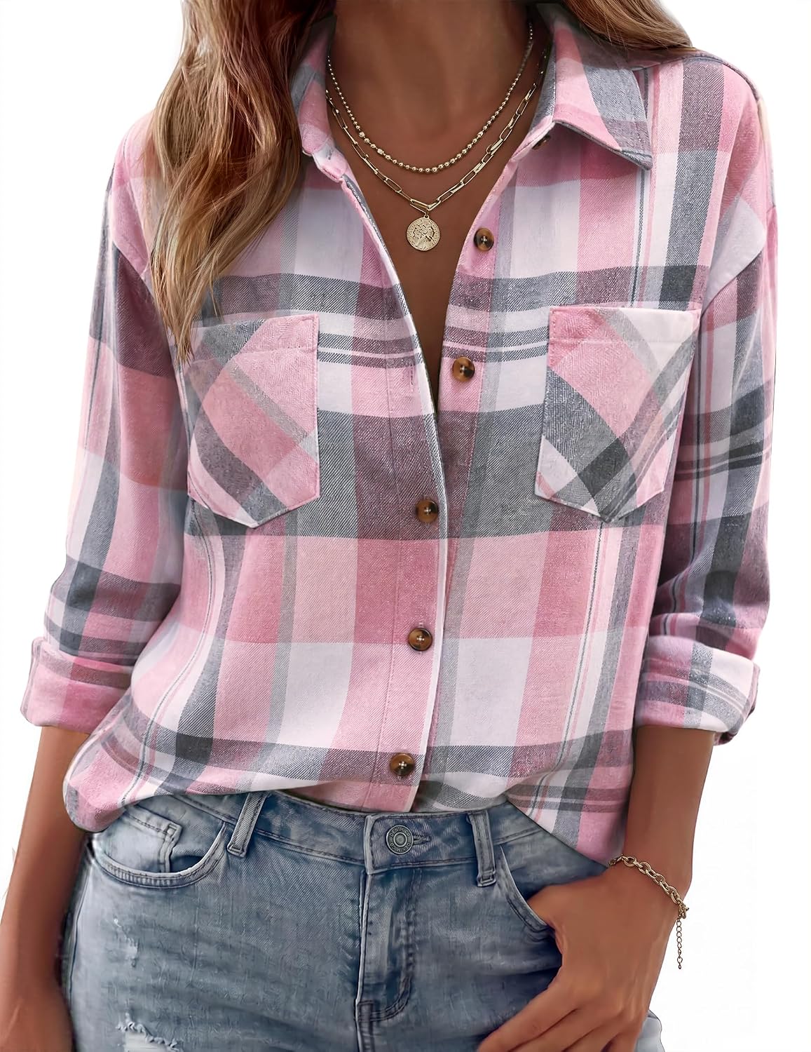 Detalle de Zeagoo Women's Flannel Shirt Polyester Blend