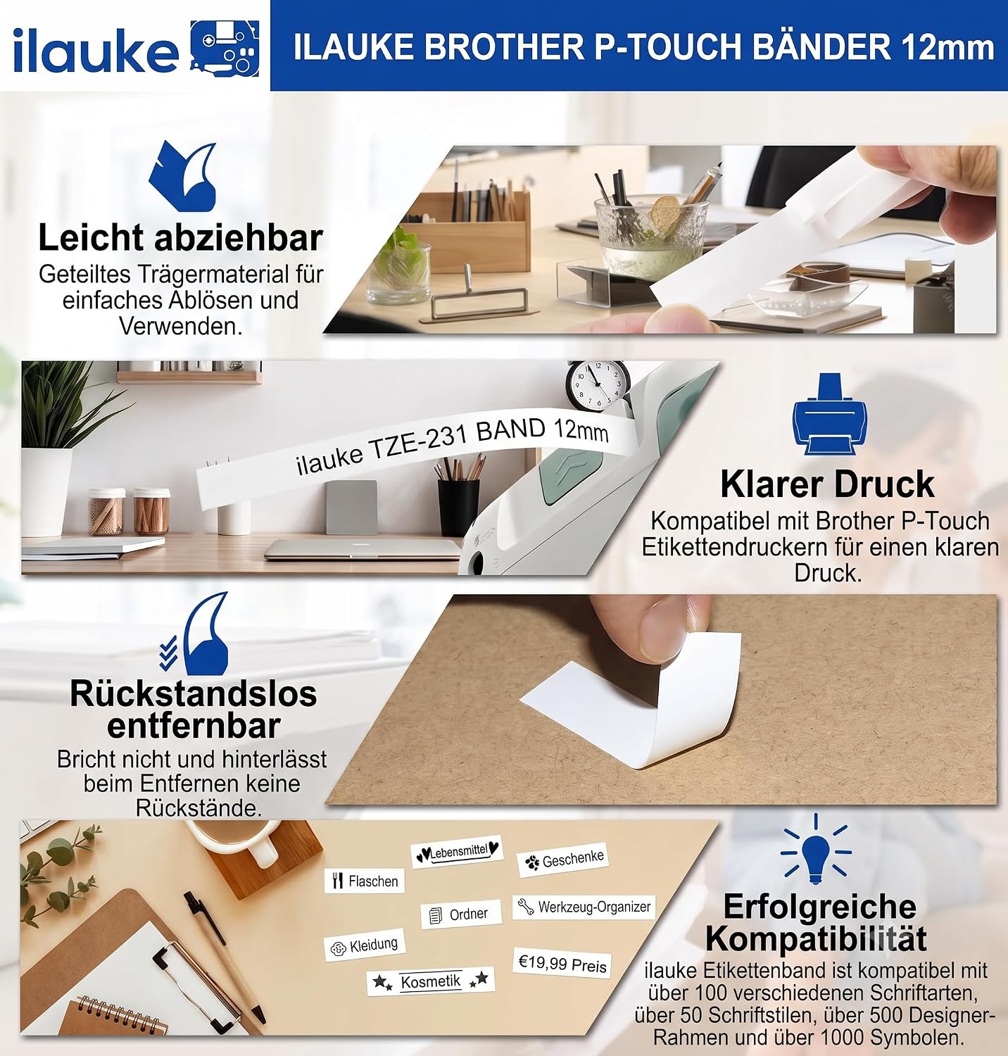 Detalle 2 de 4er-Set kompatibles Brother TZe-231 Etikettenband (12 mm, weiß) – wasser- und ölbeständig für P-touch