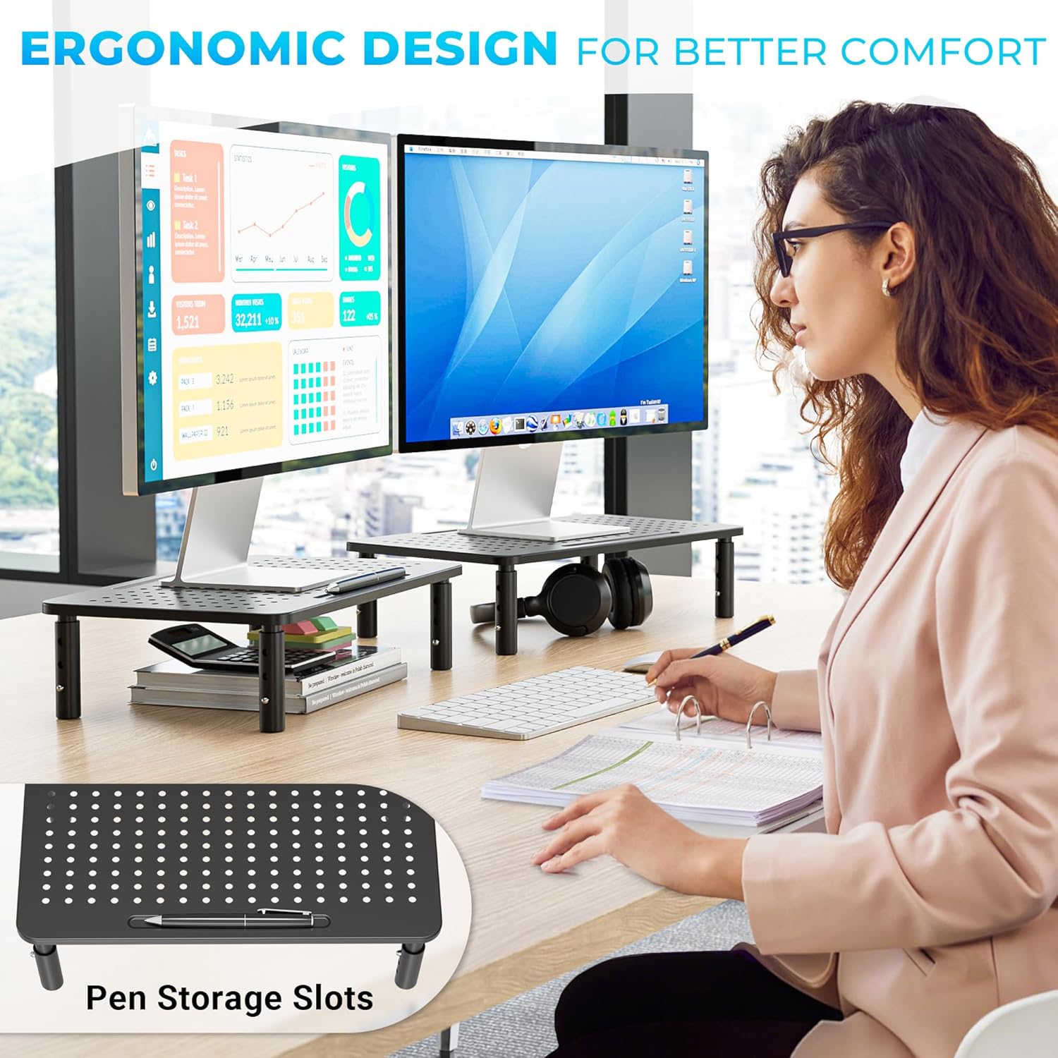 Detalle de BONTEC Supporto per Monitor Ergonomico a Altezza Regolabile (2 pezzi) in Metallo, da Scrivania