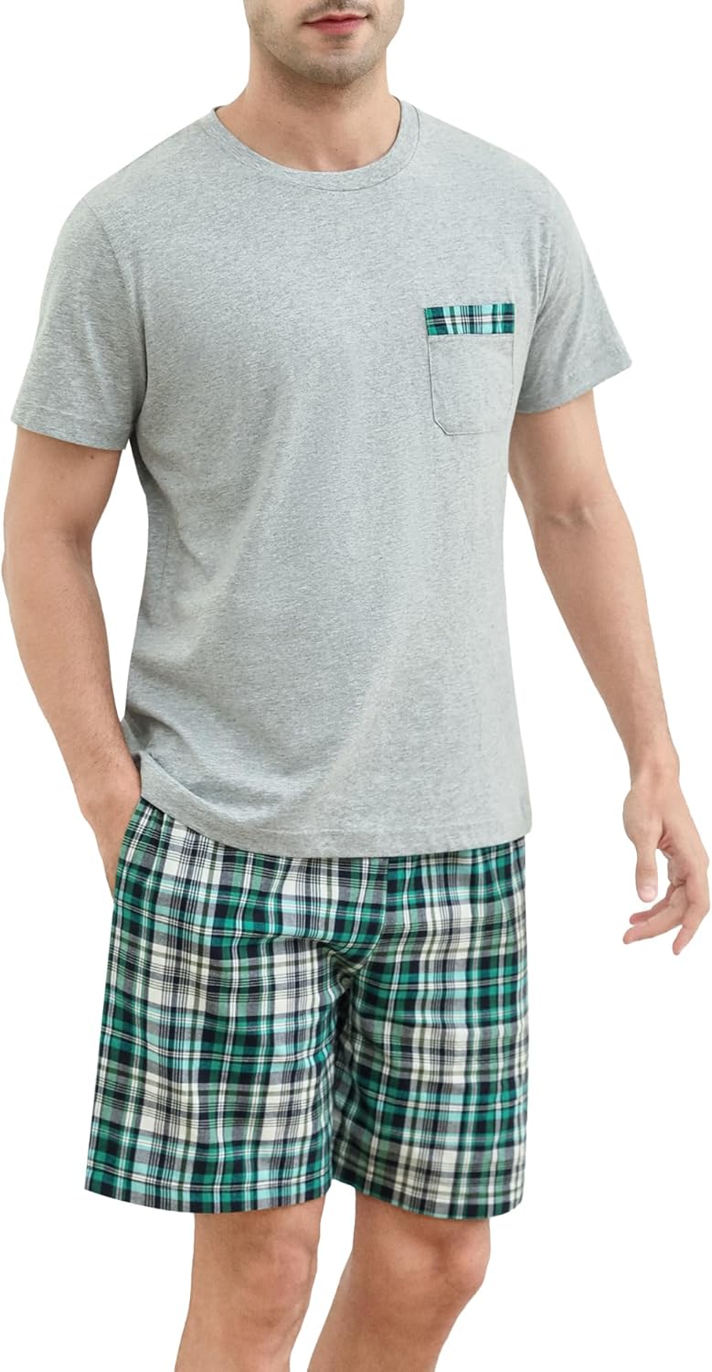 Detalle de Winovia Schlafanzug Herren Kurz Pyjama-Set aus Baumwolle – Sommer-Hausanzug mit kariertem Hosenbein