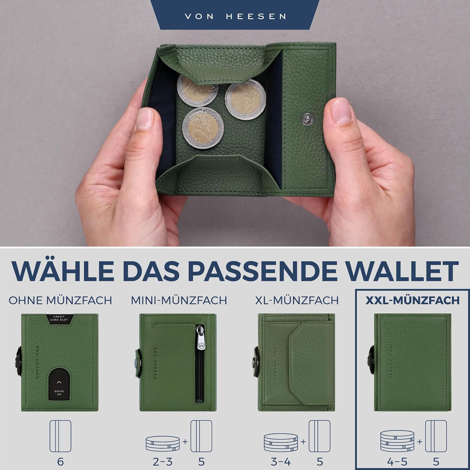 Detalle de VON HEESEN Slim Wallet mit XXL Münzfach & RFID-Schutz – Echtes Leder, kompakt und grün