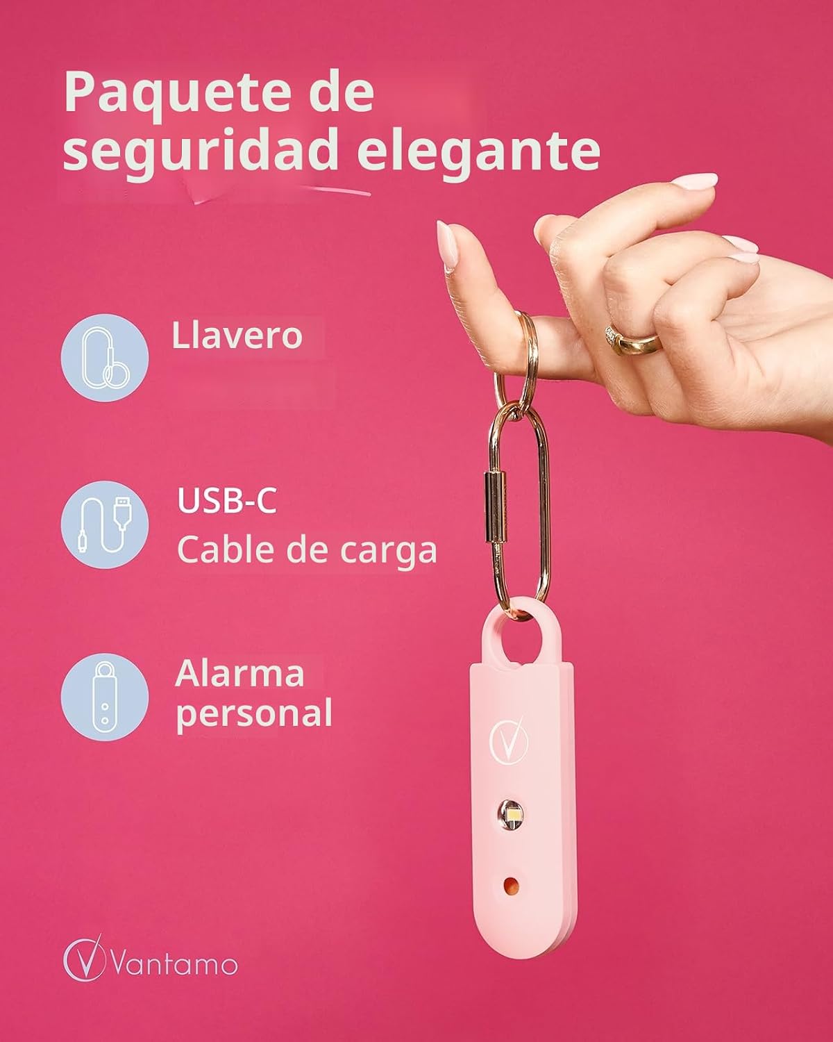 Detalle de Vantamo Alarma Personal para Mujeres 130 dB con Doble Altavoz y Luz Estroboscópica — Llavero de Autodefensa Compacto