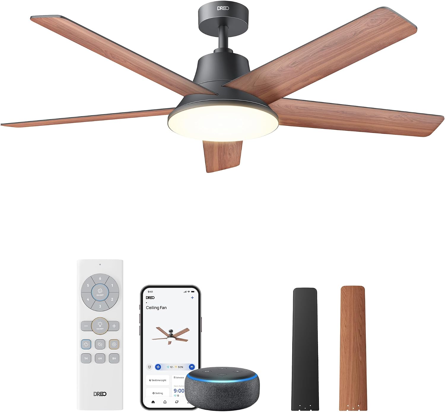 Detalle de DREO 52-Inch Ceiling Fan with Lights (6 Speeds, Dimmable LED, Remote, 8H Timer)