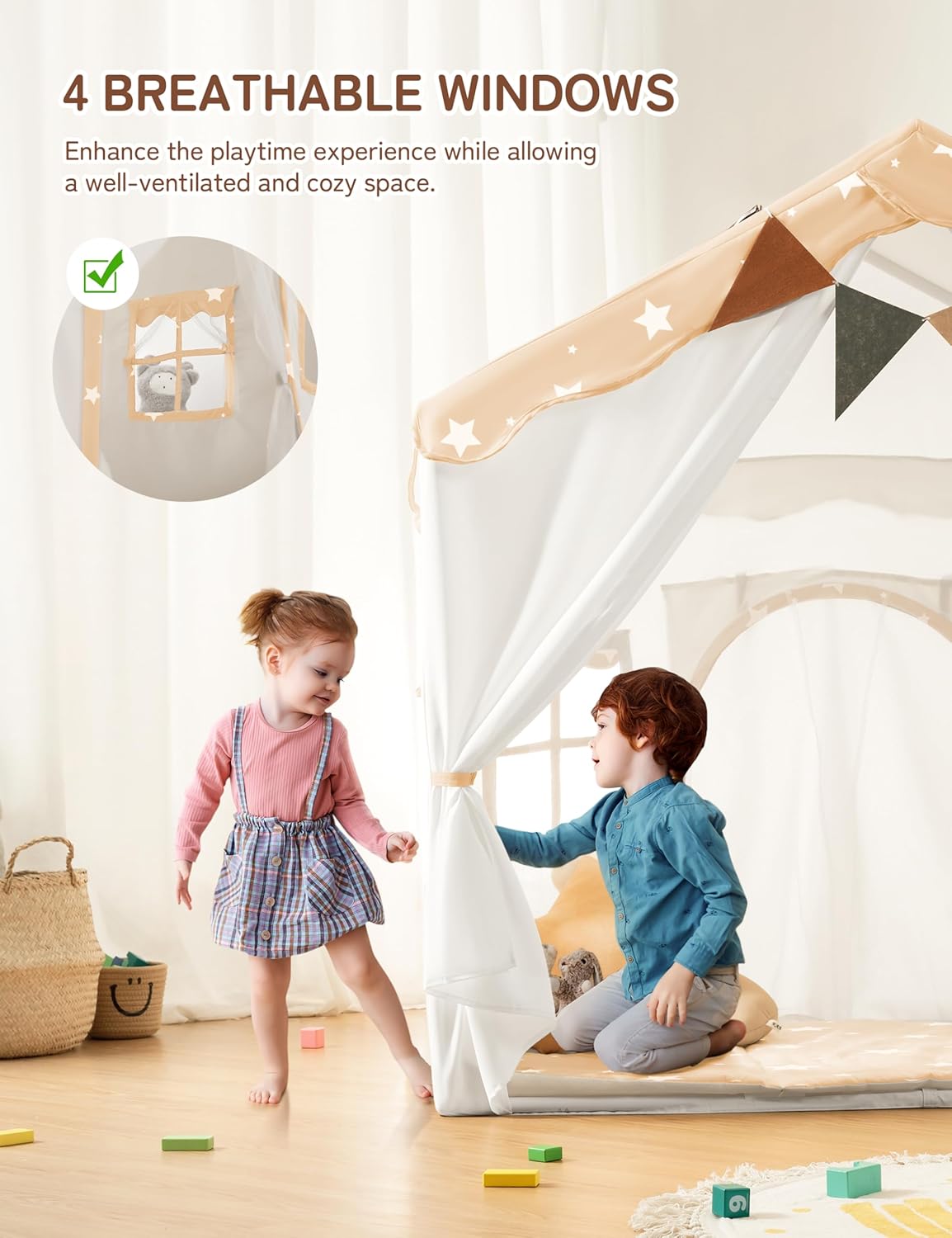 Thumbnail 6 de Besrey Kids Play Tent 2-in-1 (51 x 35 x 51 in) with Padded Mat and Lights, Double-Door Kids Playhouse