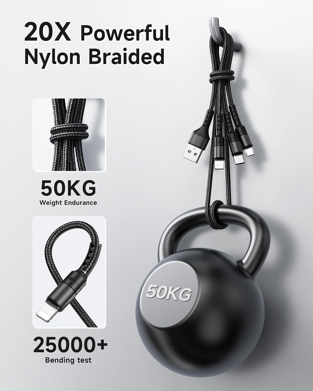 Detalle de RAVIAD 3-in-1 Multi Charger Cable (0.5m) with Lightning, USB‑C and Micro USB – Black