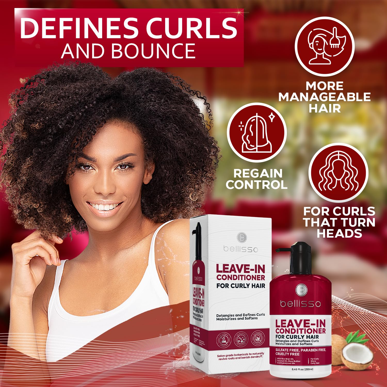 Detalle 1 de BELLISSO Leave-In Conditioner for Curly Hair with Shea Butter and Frizz Control