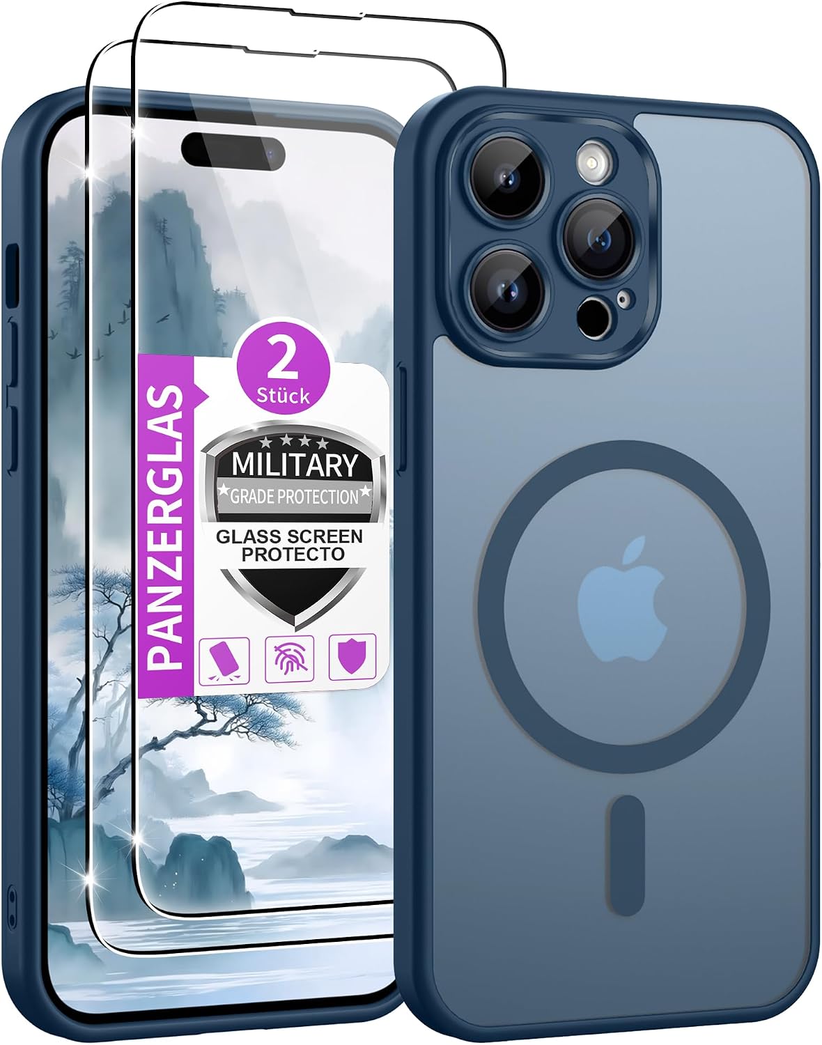 Detalle de Jshru Hülle für iPhone 14 Pro Max mit 2 Panzer Glas-Schutzfolien – MagSafe kompatibel, matt-transluzent, blau