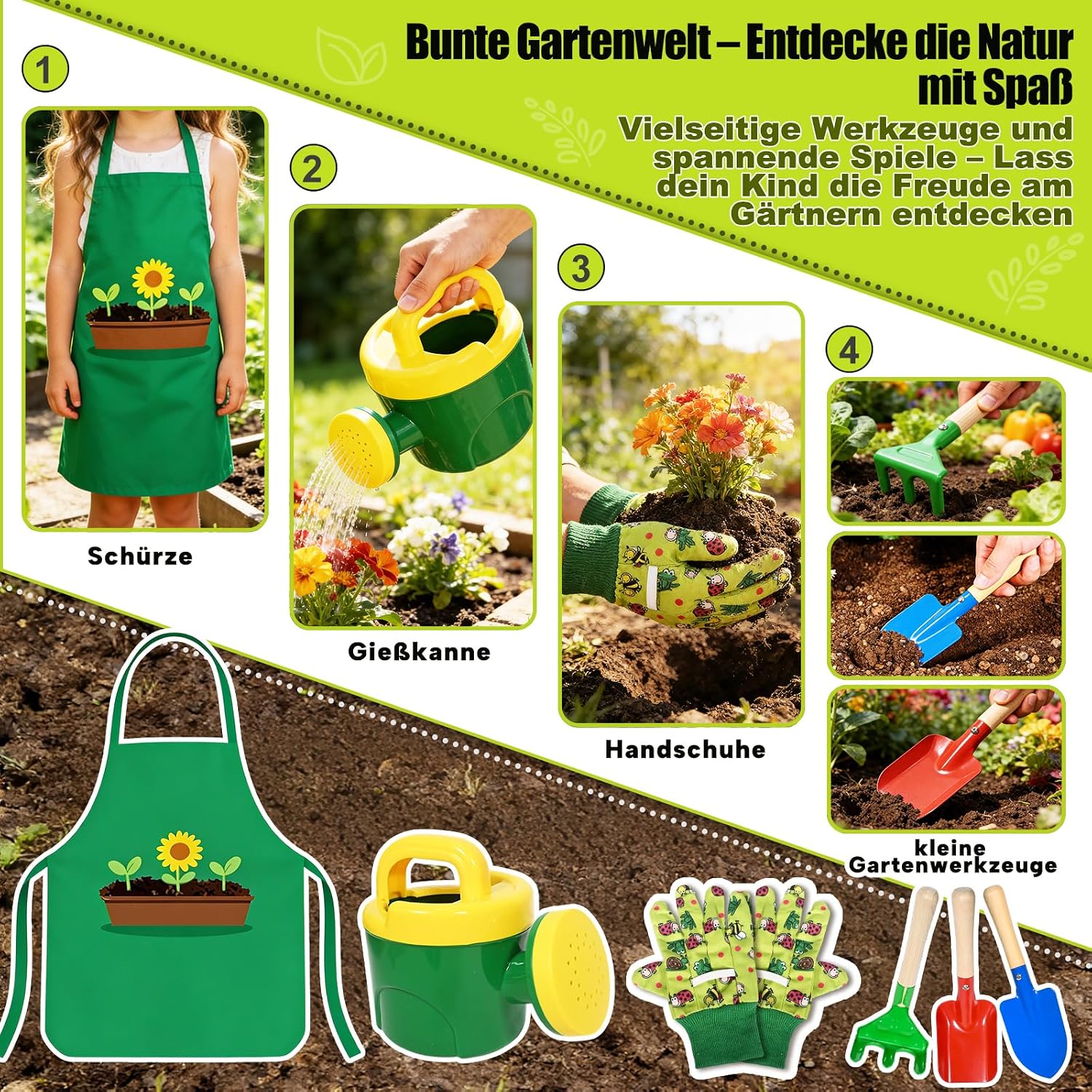 Thumbnail 3 de Kinder Gartenwerkzeug-Set (10-teilig) aus Metall mit Schaufel, Rechen, Gabel, Handschuhen, Schürze & Gießkanne