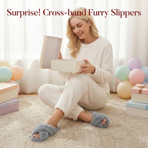 Thumbnail 5 de Ankis Women's Cross Band Furry Open Toe Slippers with Memory Foam – Cozy Plush Indoor/Outdoor Shoes