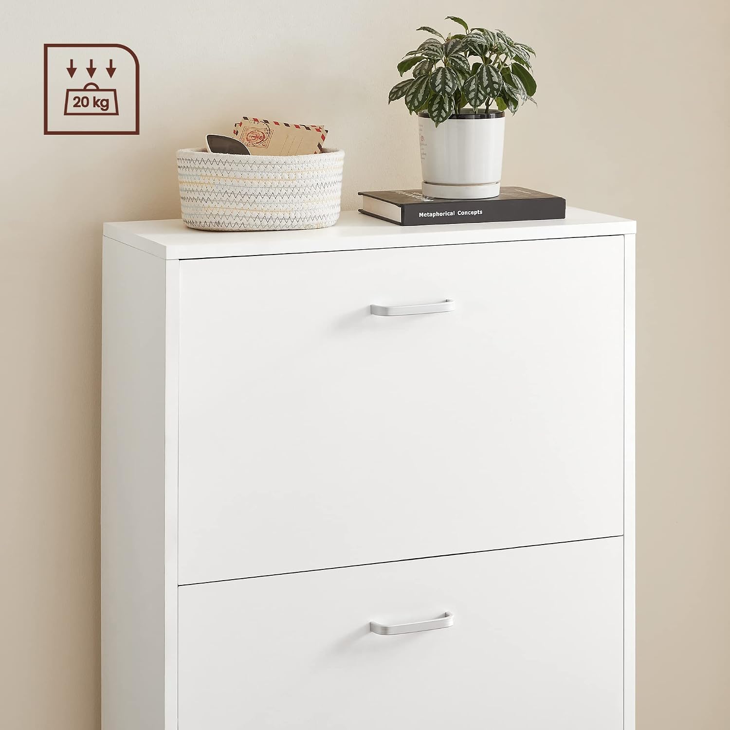 Detalle de VASAGLE LBC03WT 3-Door Shoe Cabinet, Slim White Cupboard with Adjustable Tiers