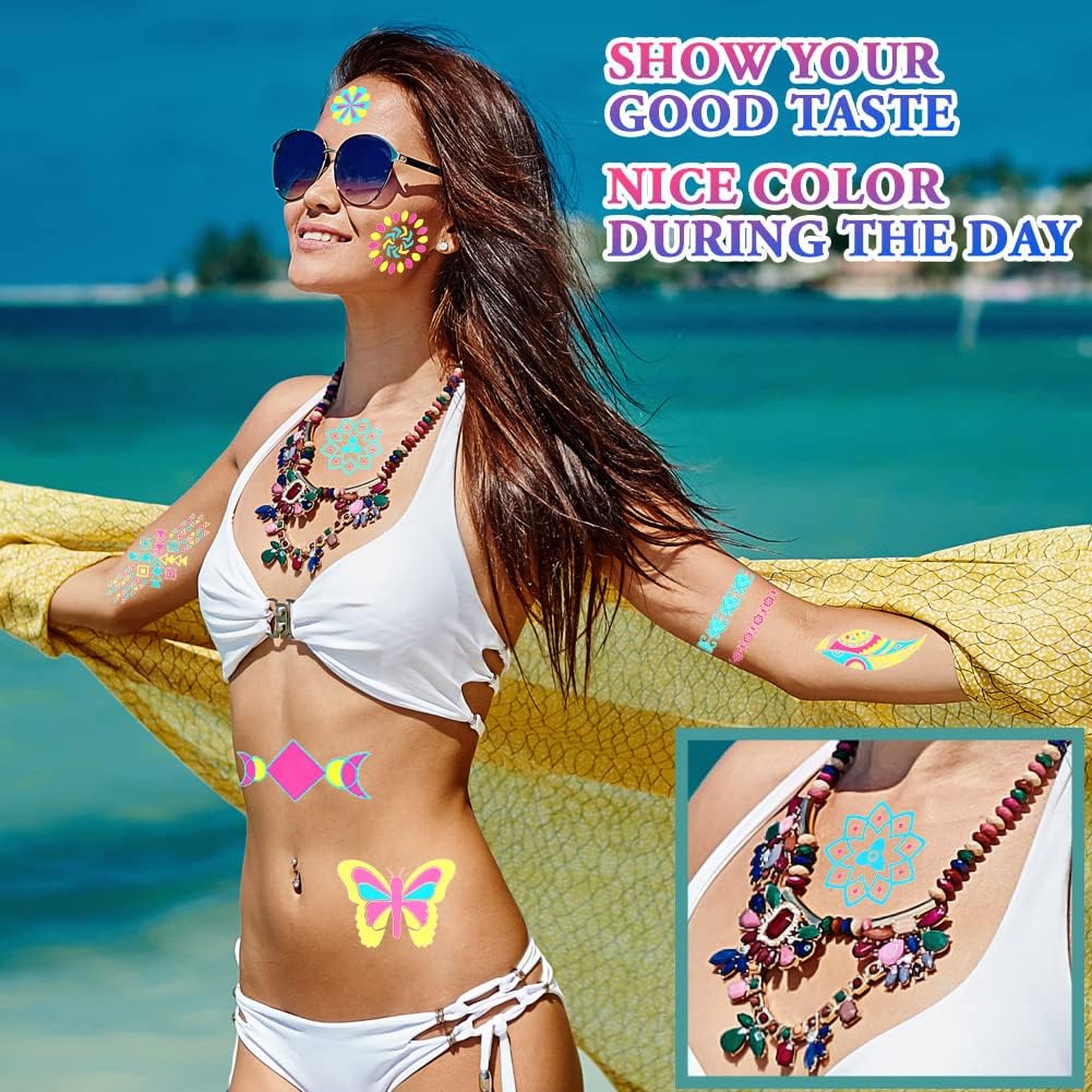 Detalle 2 de ACWOO neontattoos, 200+ ontwerpen met UV-gloed en waterbestendige stickers