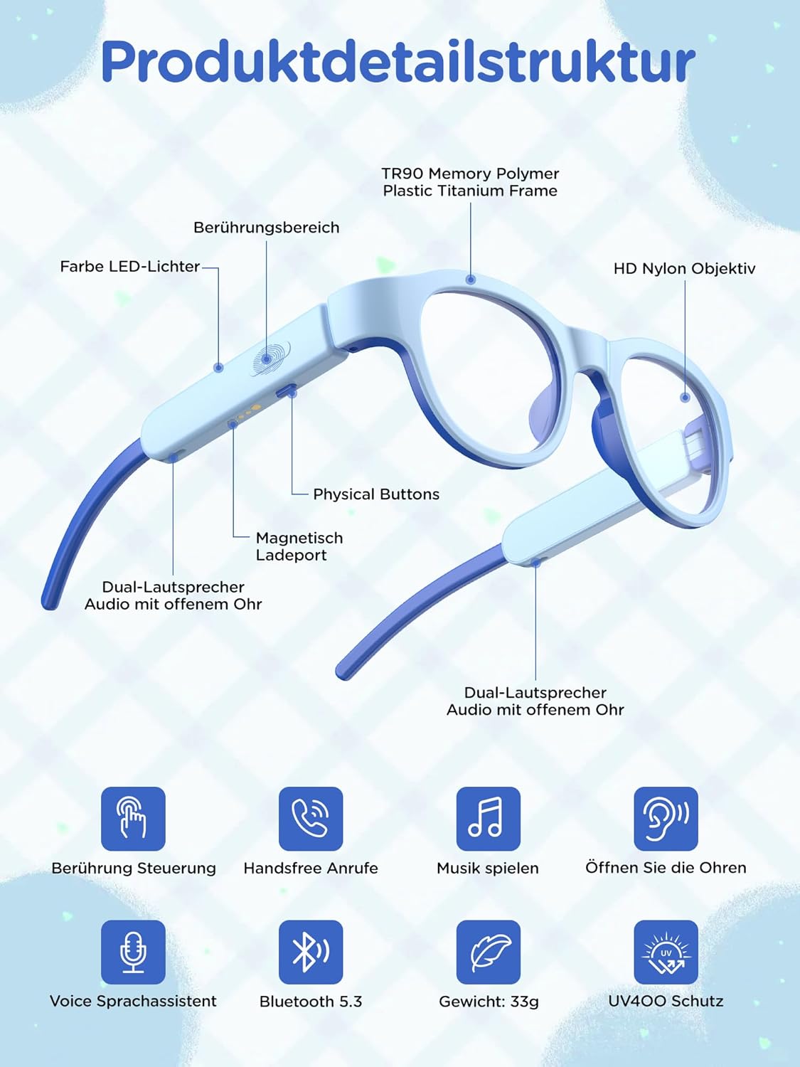 Detalle de XIYANGYANG Anti Blue Light Audio Glasses: Blue Light Blocking with Open-Ear Bluetooth Audio