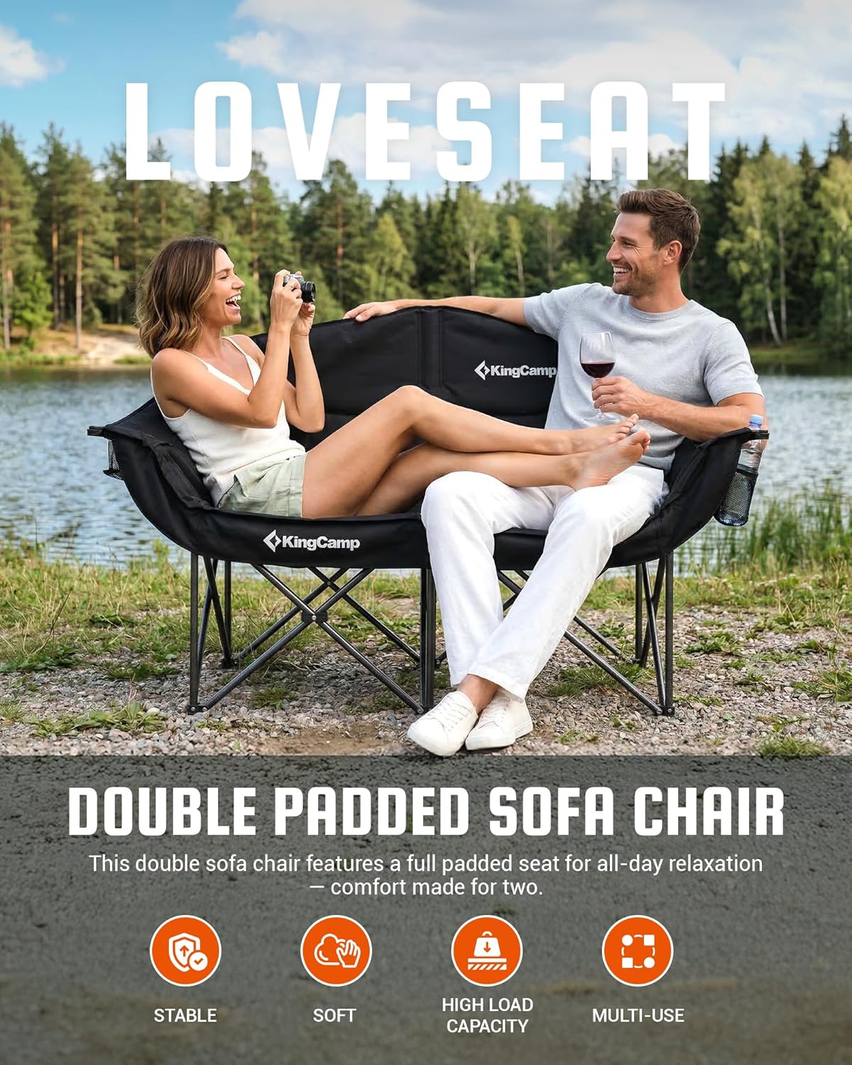 Detalle de KingCamp Double Camping Chair: Oversized, Heavy-Duty 660lbs Two-Person Folding Loveseat
