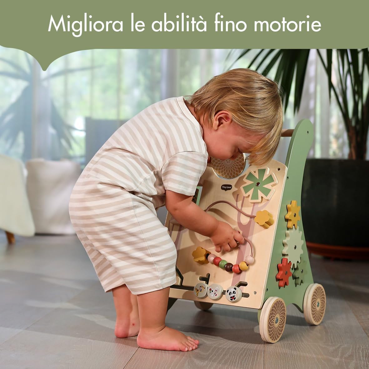 Detalle 2 de Tiny Love Walk Behind Carrello Primi Passi in Legno e Centro Attività Montessori – 12 Giochi Interattivi, Ruote Antiscivolo, 18+ Mesi, Boho Chic