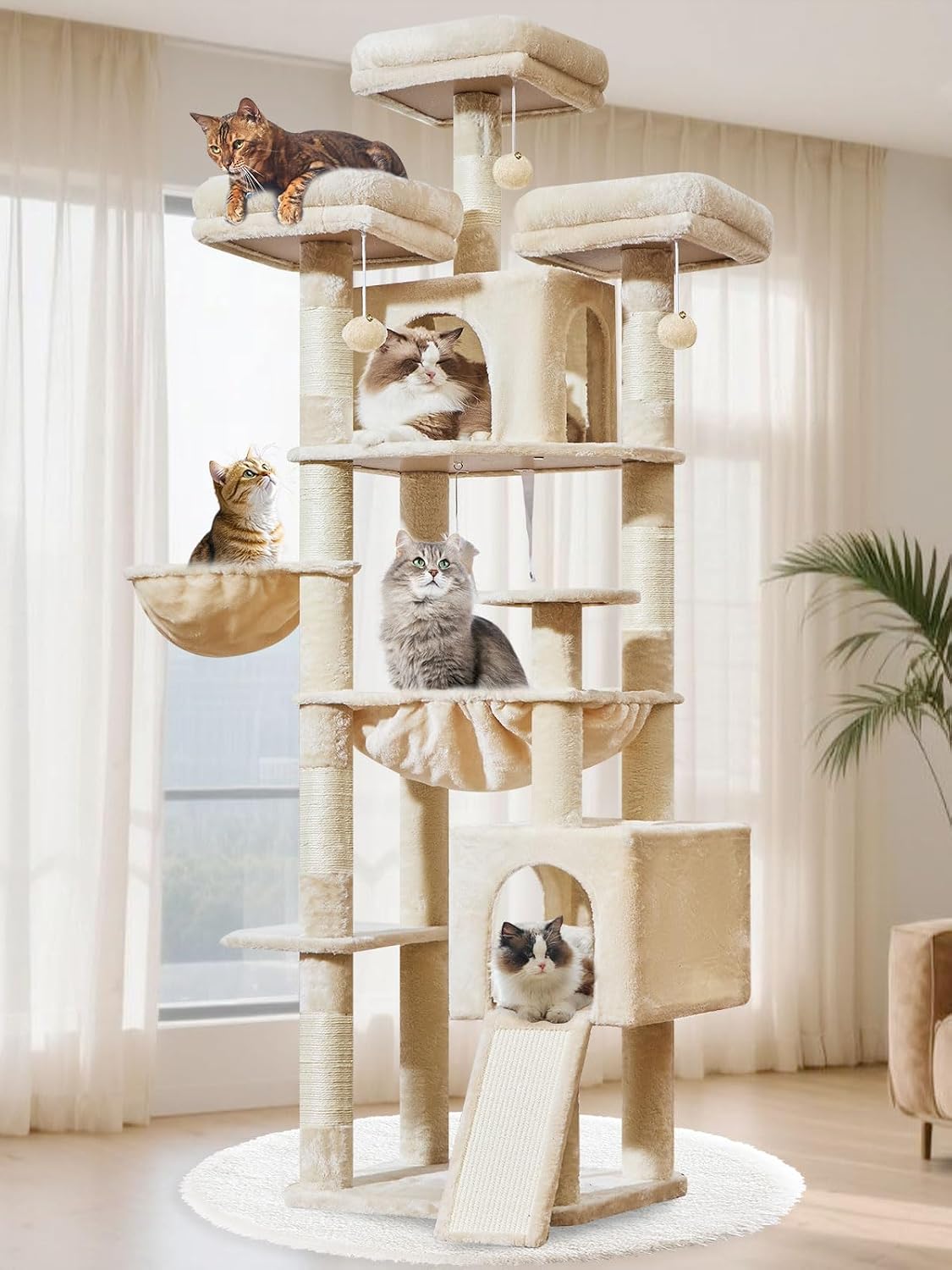 Detalle de Taoqimiao MS047M Cat Tree (193 cm) with 7 sisal posts, condos, hammock and hanging basket