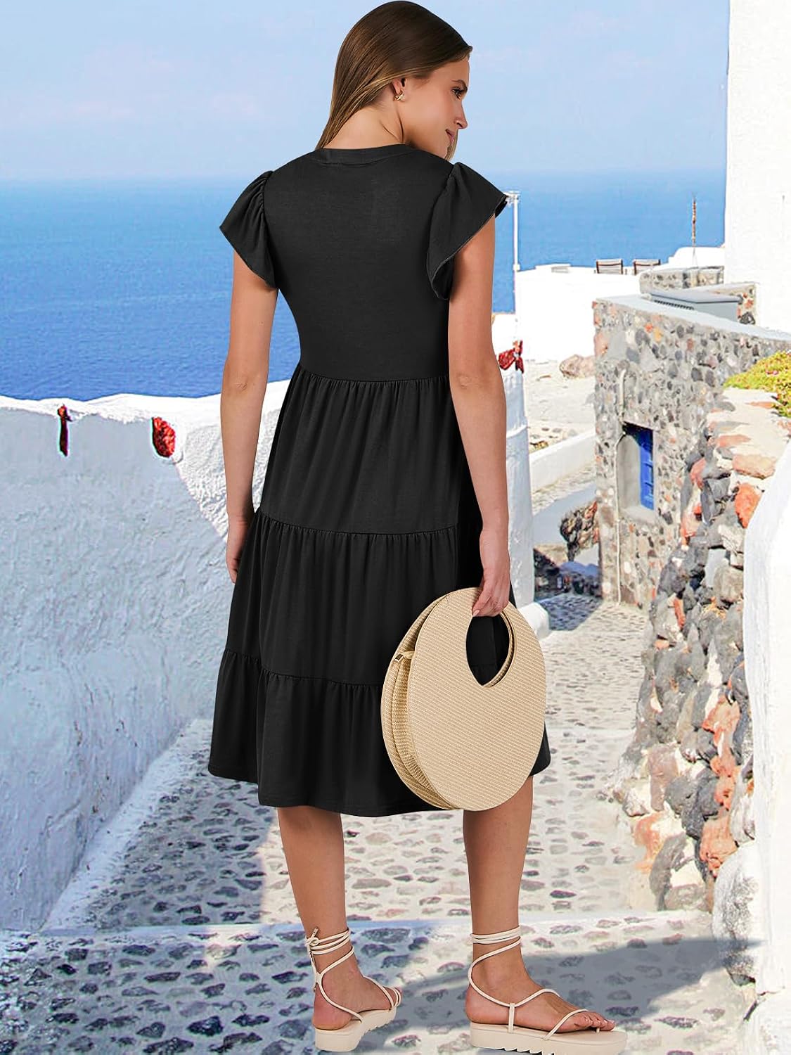Detalle 2 de ANRABESS Ruffle Sleeve V-Neck Tiered Midi Dress for Women