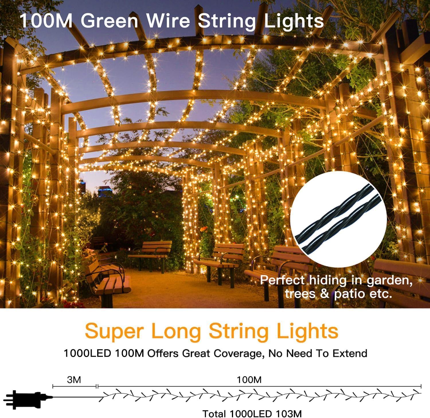 Detalle de Ollny 100m 1000 LED Long Fairy Lights – Mains Powered, IP44 Outdoor String Lights