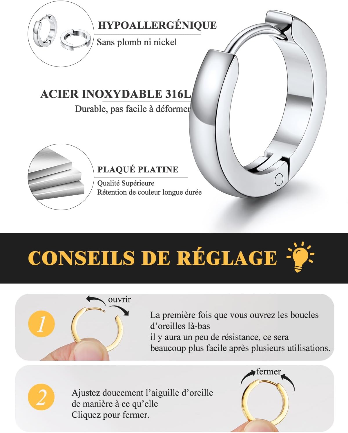 Detalle 2 de U7 Huggie Créoles lot de 3 tailles Ø7/9/12 mm