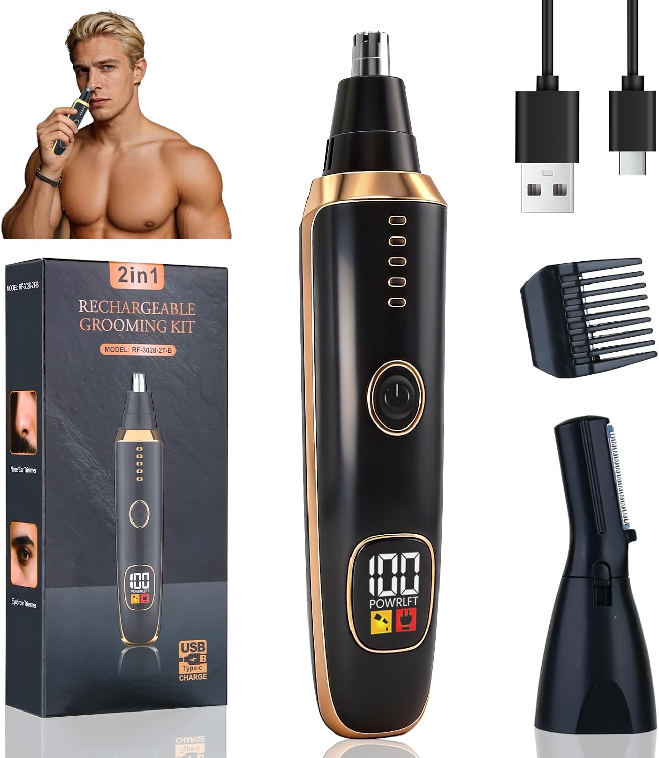 Detalle de Yunmiss 2-in-1 Nose, Ear and Eyebrow Hair Trimmer with LED Display – USB Rechargeable, IPX7 Waterproof