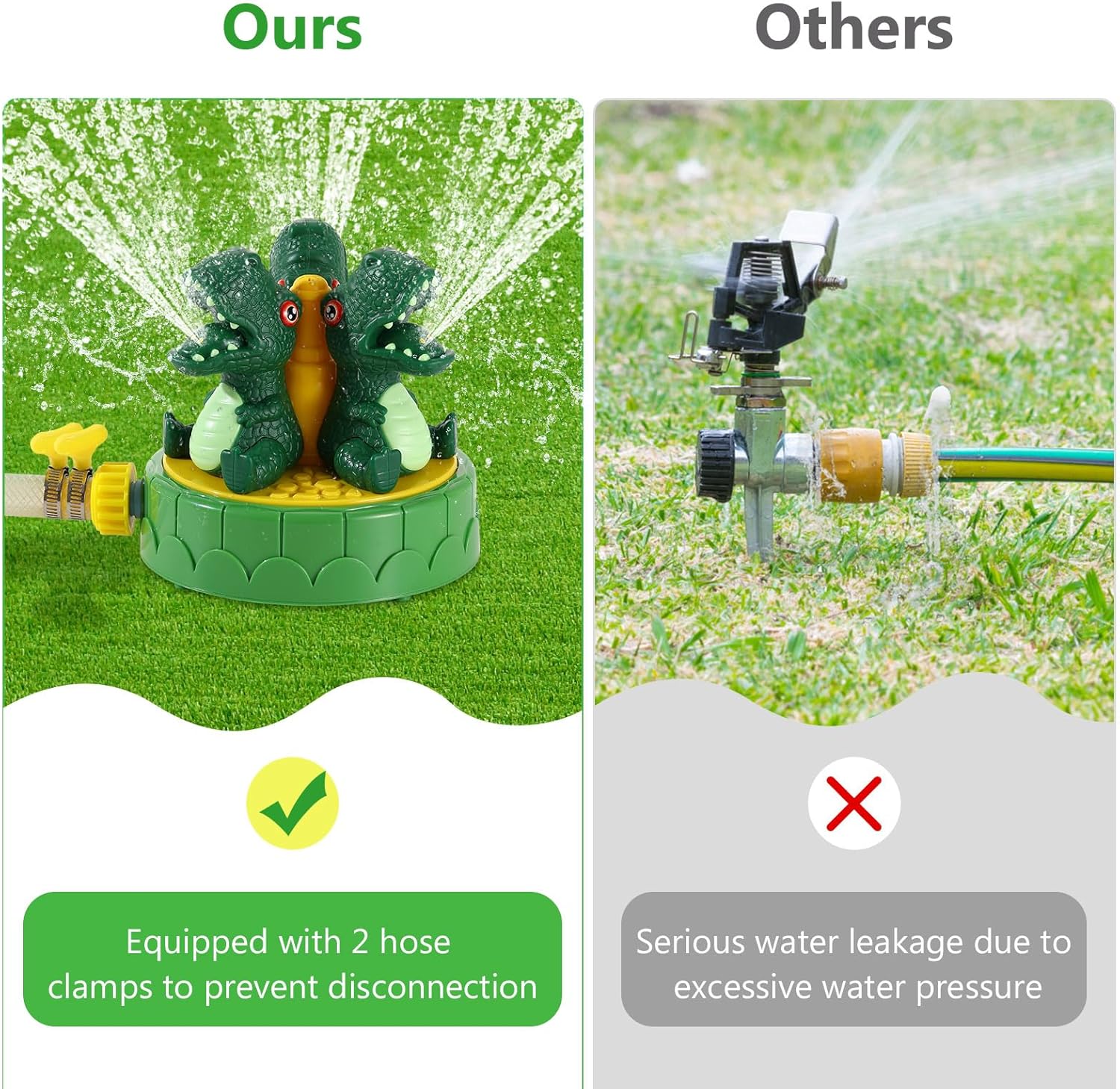 Thumbnail 3 de MoKo Dinosaur Sprinkler for Kids – 360° outdoor water spray toy with hose clamps, green