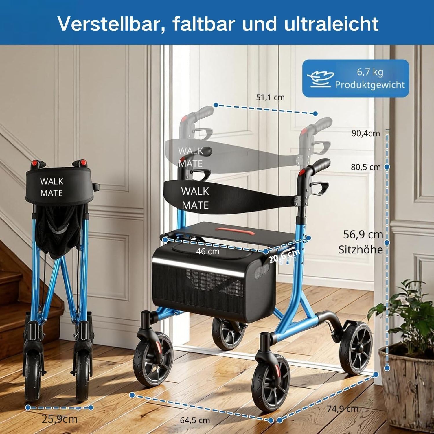 Thumbnail 2 de Walk Mate Rollator – faltbar, leicht mit Sitz, All‑Terrain‑Räder, 6-stufige Höhenverstellung (150–190 cm) und 6,7 kg Gewicht