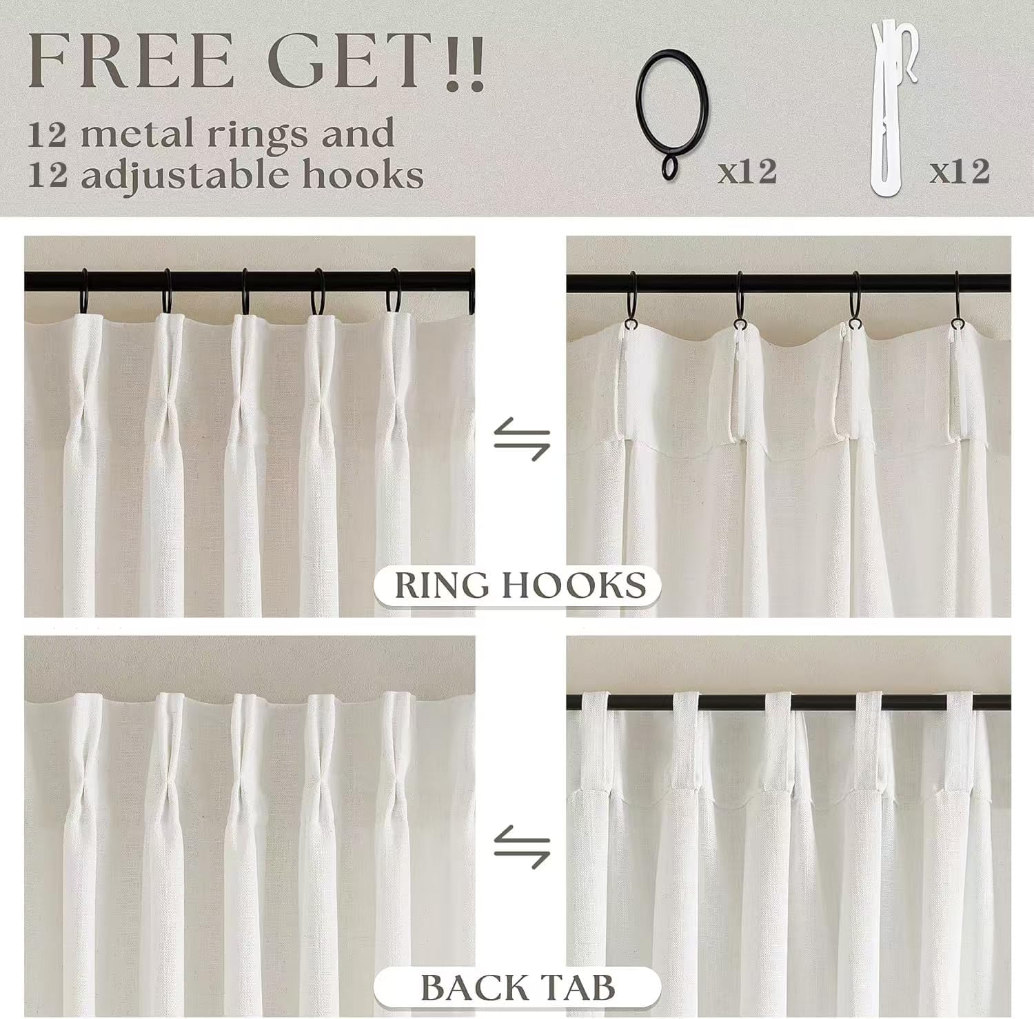 Thumbnail 3 de TWODRAPES Thick Linen Pinch Pleat Curtain Panel (60" x 108") — Memory-shaped, light-filtering, natural