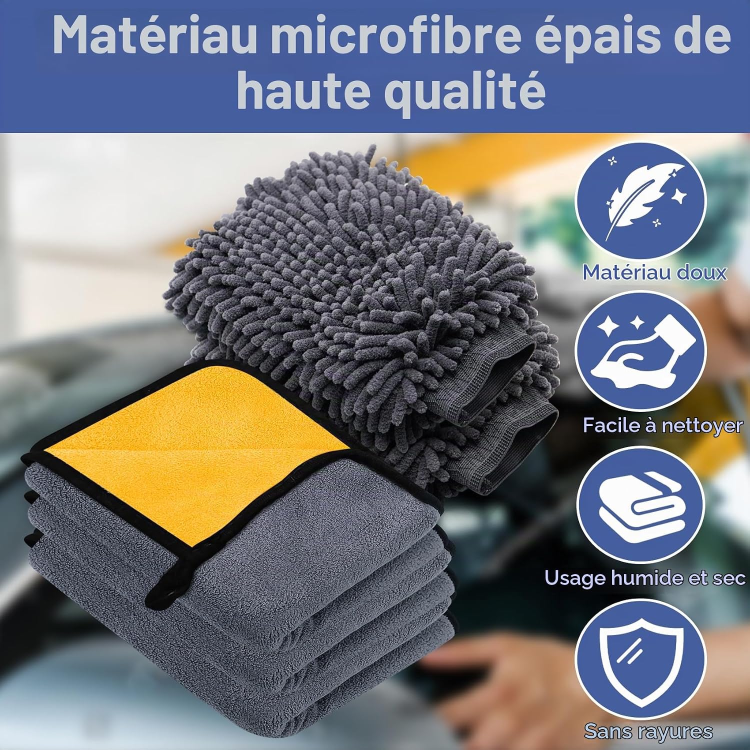 Detalle de KALBIGRO 5-delige autoverzorgingsset met 3 microvezeldoeken en 2 washandschoenen