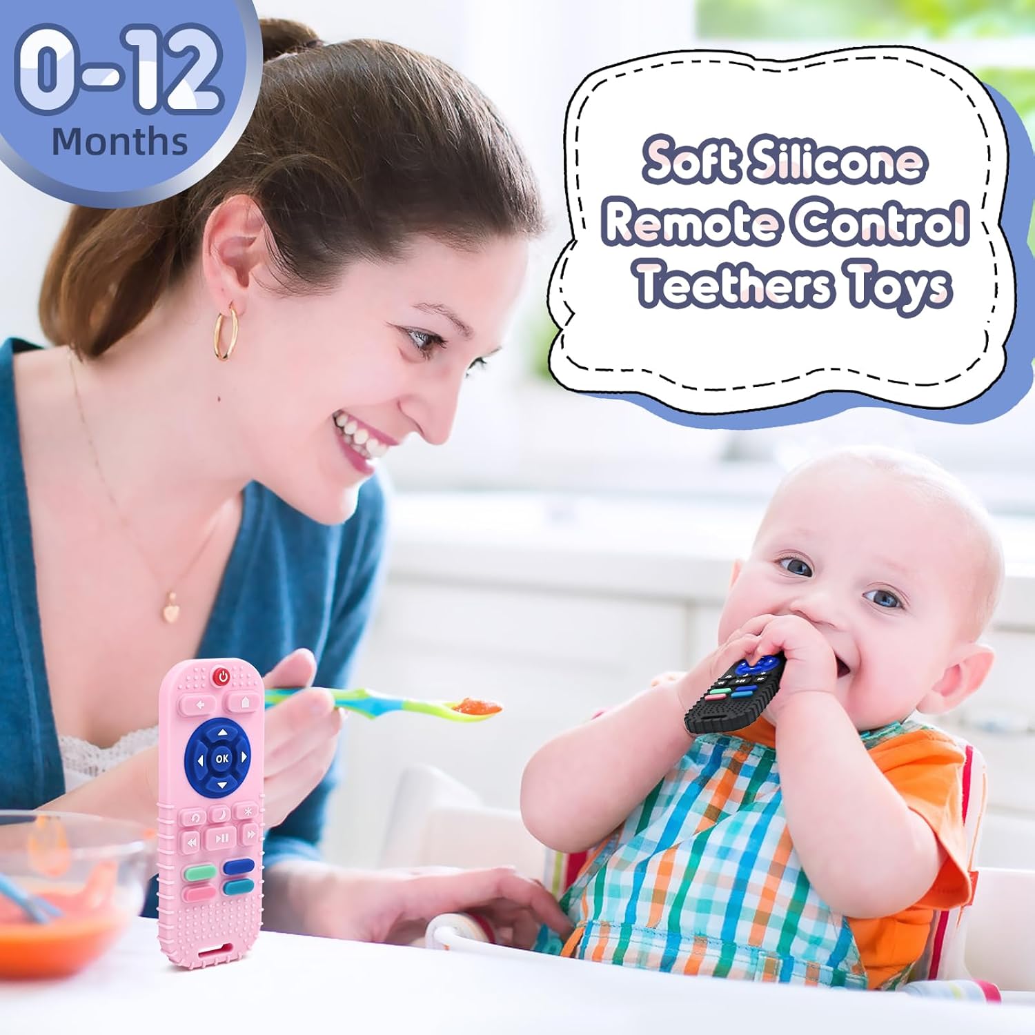 Thumbnail 6 de Zahnen Beißringe Spielzeug aus lebensmittelechtem Silikon (3–18 Monate), Schwarz & Rosa mit „Fernbedienungs“-Form